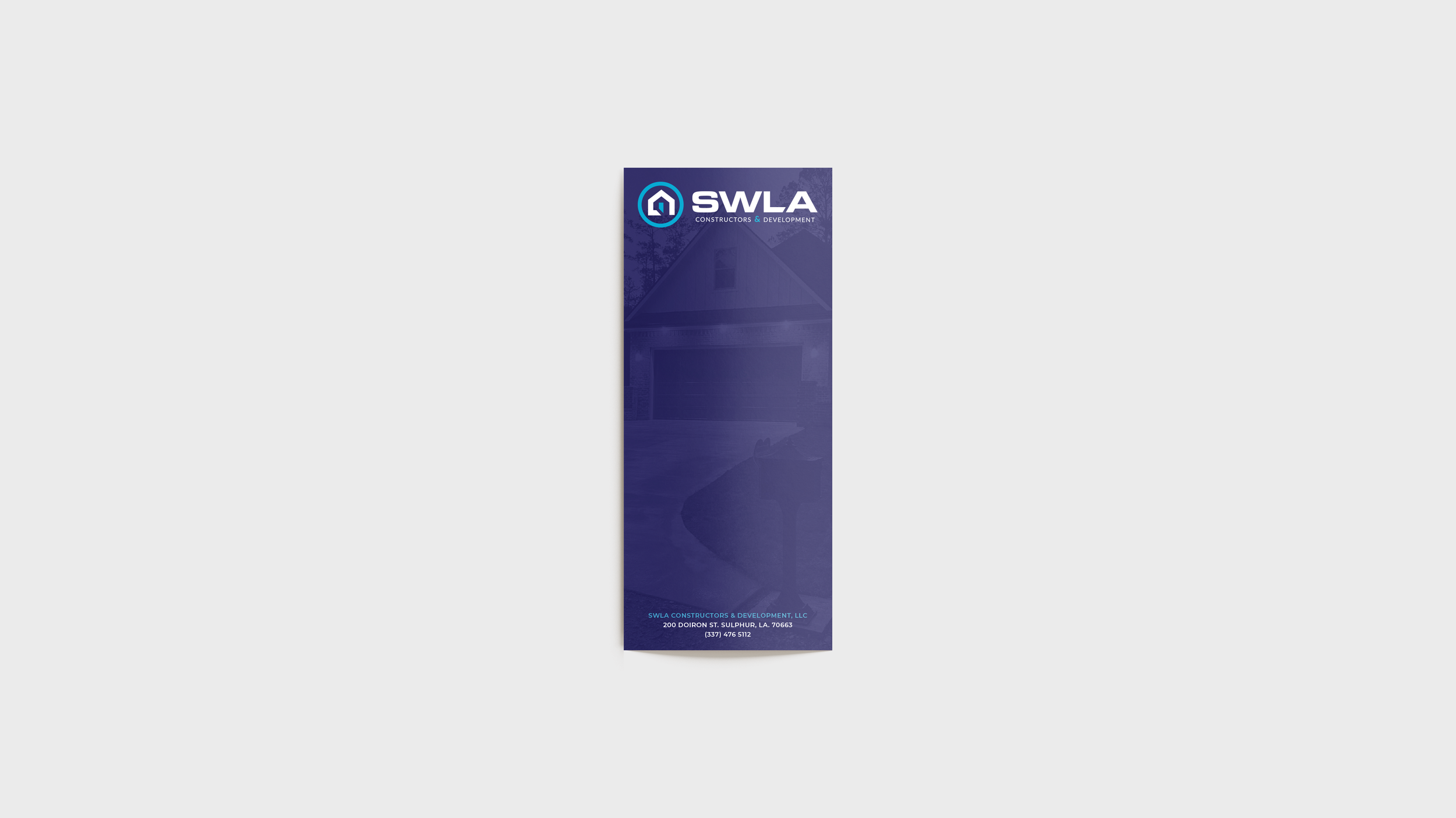 Vertical banner for SWLA Constructors & Development, LLC featuring their logo, contact information, and a background image of a house.