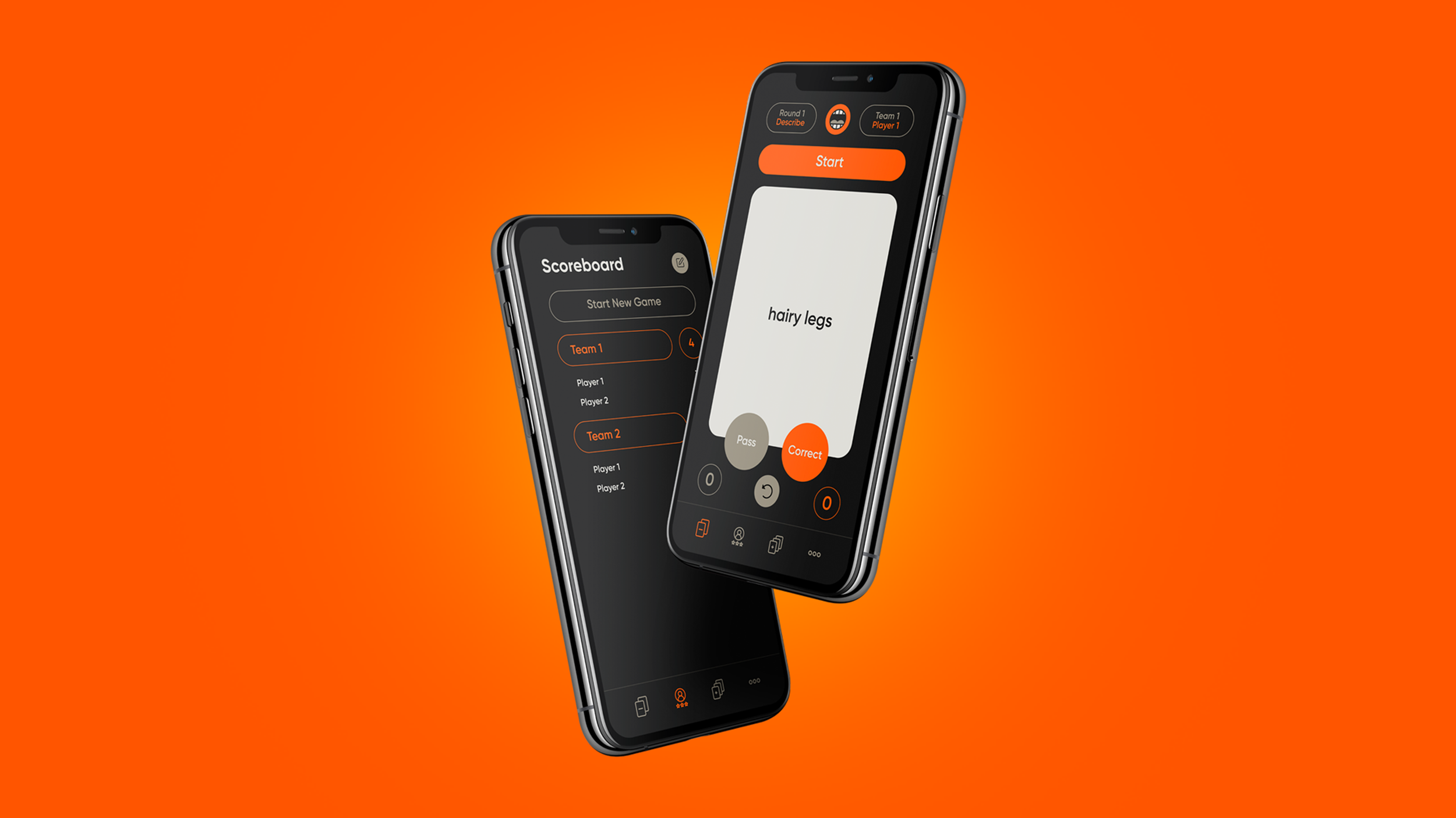 Two smartphones displaying a digital game app with scoreboards and game controls on an orange background.