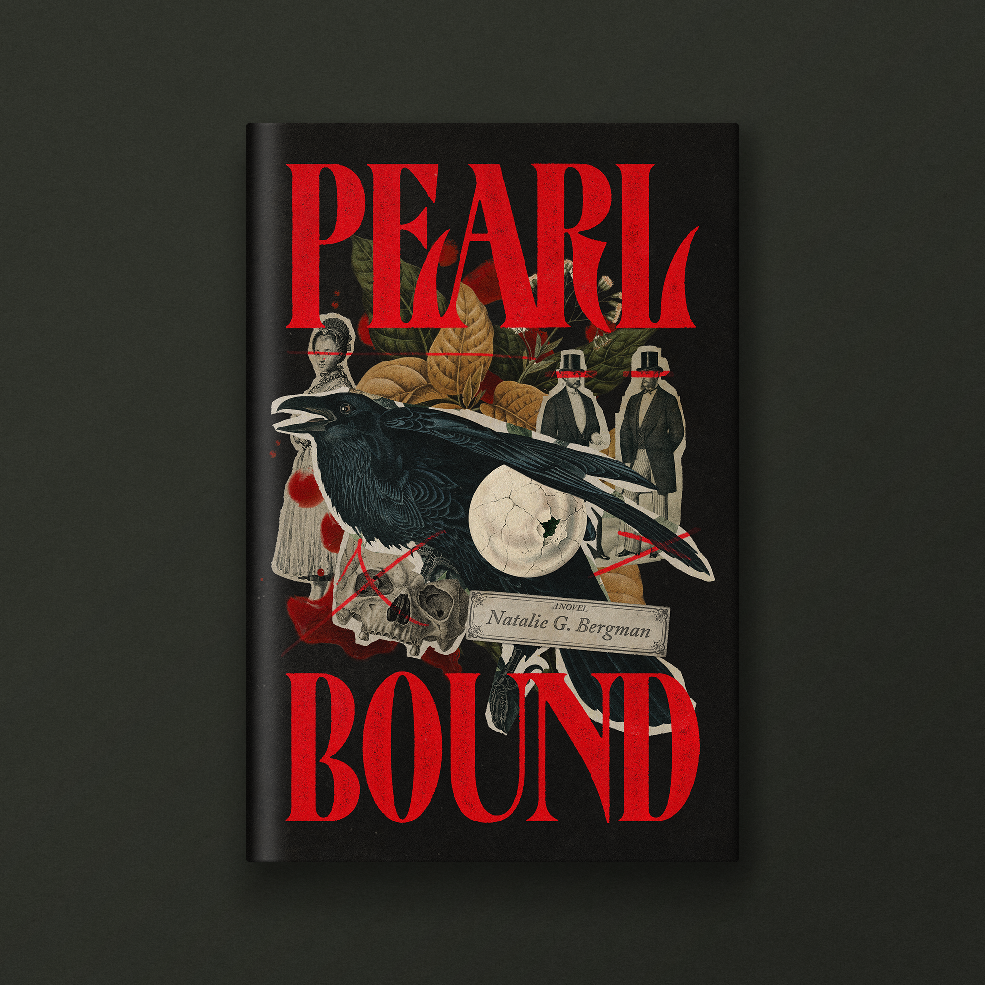 Book cover titled 'Dark Blood' by Natalie G. Bergman, featuring a dark background with a crow, skull, and figures in suits, with botanical and anatomical illustrations, and red accents.
