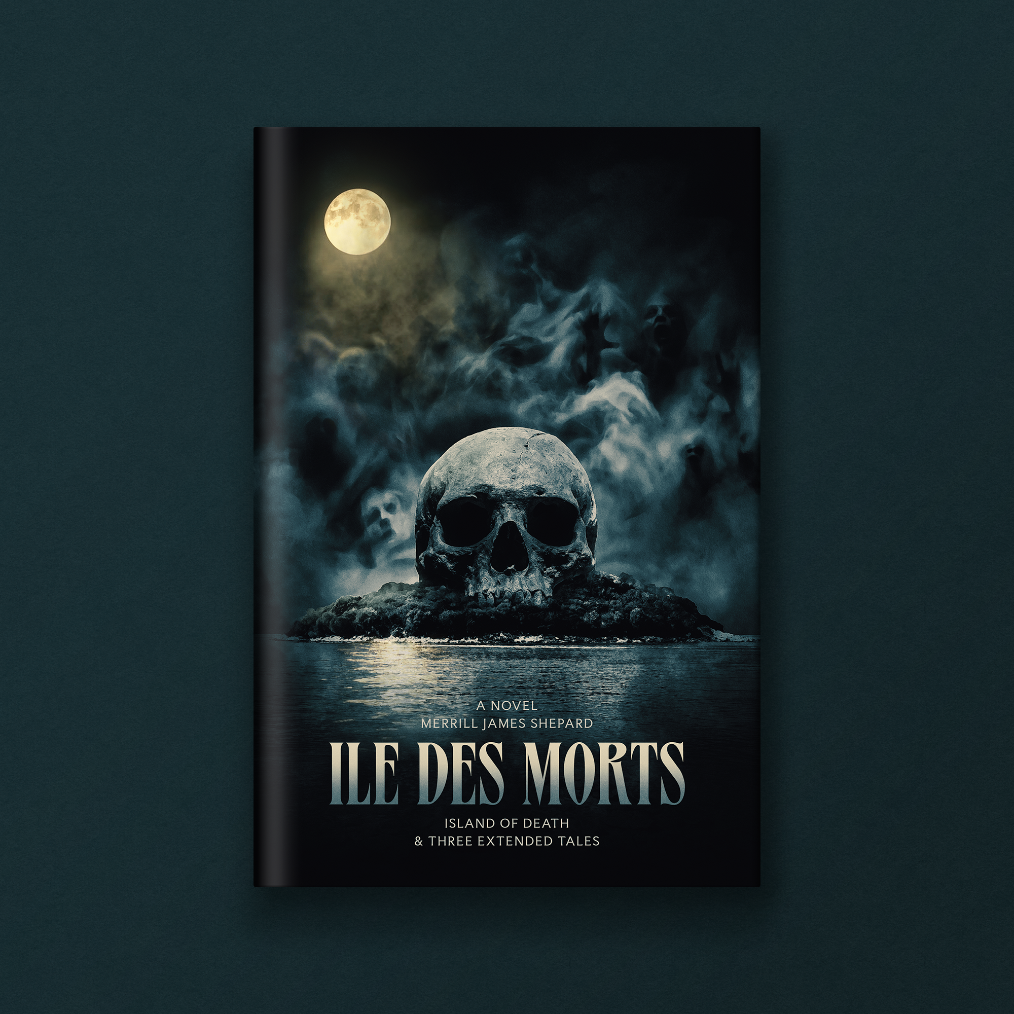 Cover of a book titled "Illness of Morts" with a dark background, featuring a large skull with a full moon in the top left corner and a ghostly figure with a hat in the background, and text indicating it is a novel by Merrill James Shepard, part of t