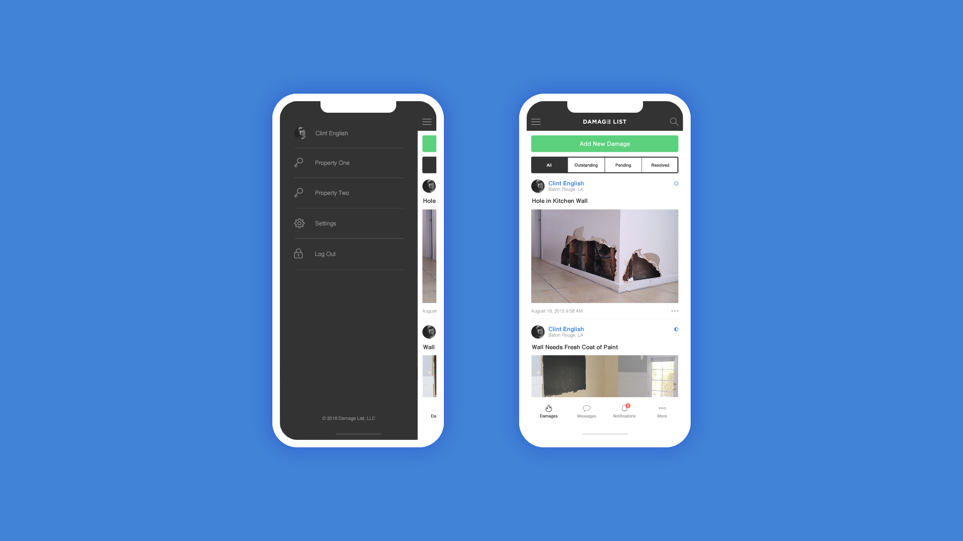Two smartphone screens displaying a damage tracking app, with lists of property damage reports and journal entries, including a hole in a kitchen wall.