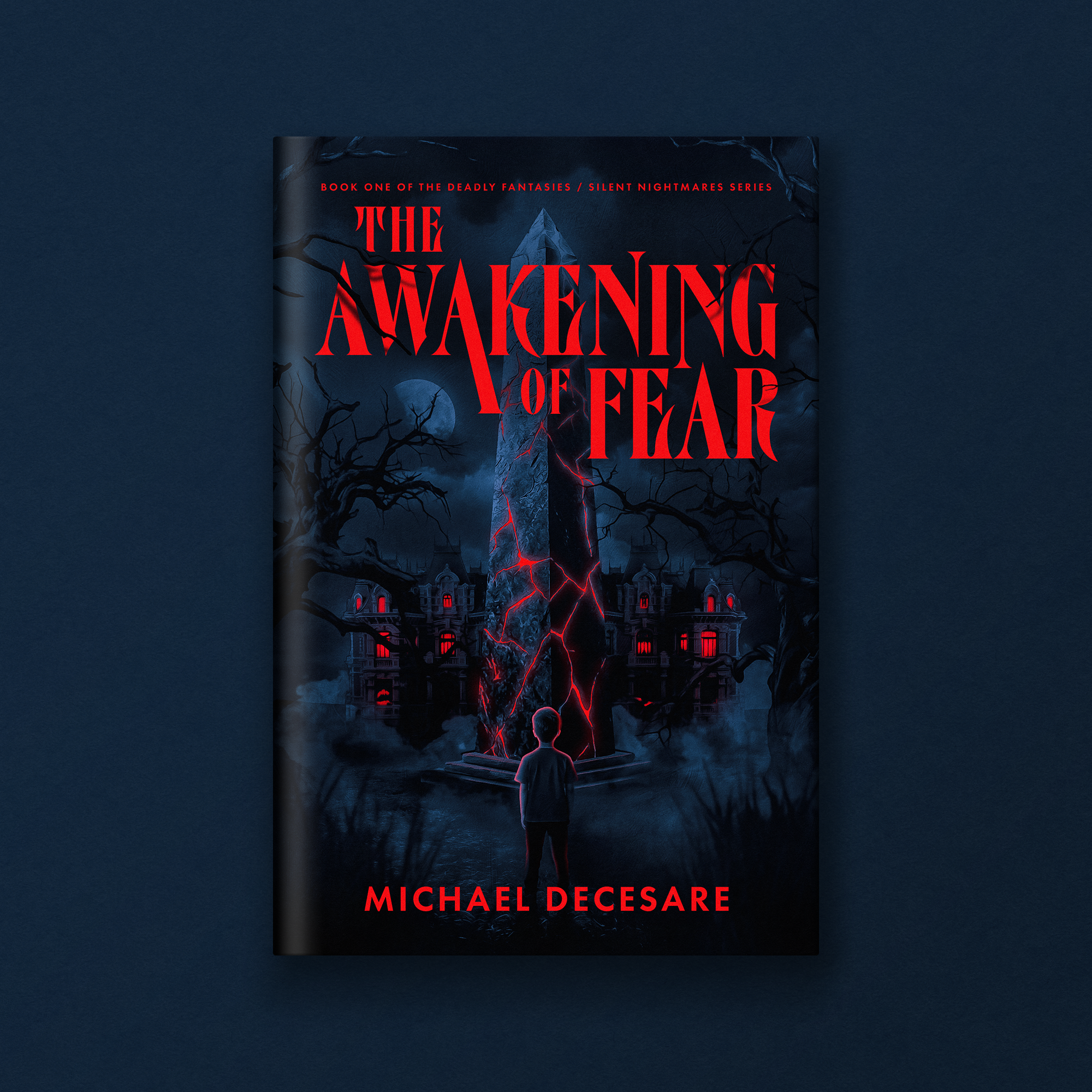A book cover for "The Awakening of Fear" by Michael DeCesare features dark and ominous imagery of a large, cracked building with a red-lit window and dark leafless trees in front. A figure of a person with a hoodie stands in the foreground, looking u
