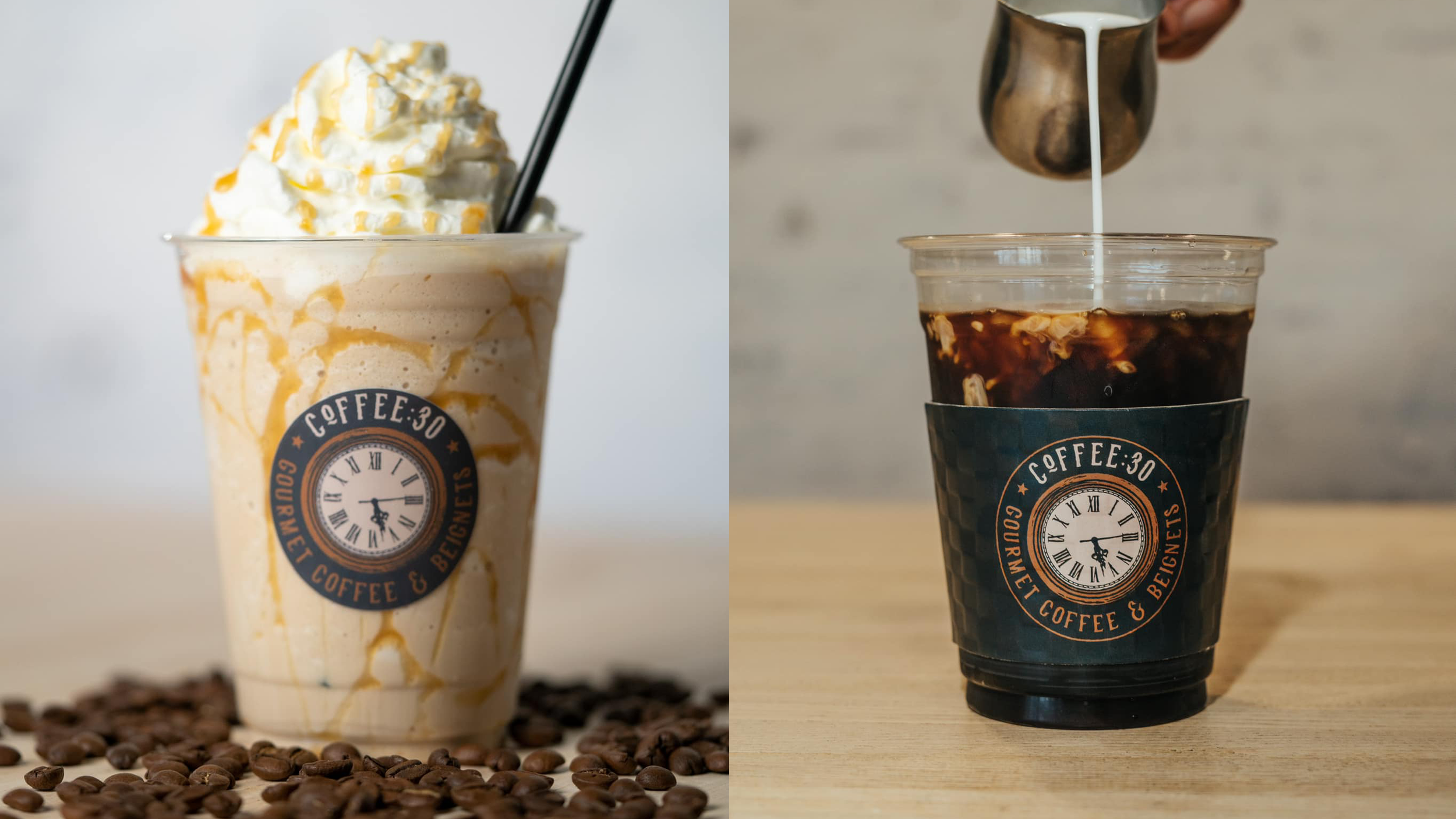 Left side: a frappuccino topped with whipped cream and caramel drizzle, in a clear plastic cup with a logo, surrounded by coffee beans. Right side: a glass of iced coffee with milk being poured in, in a similar branded cup.