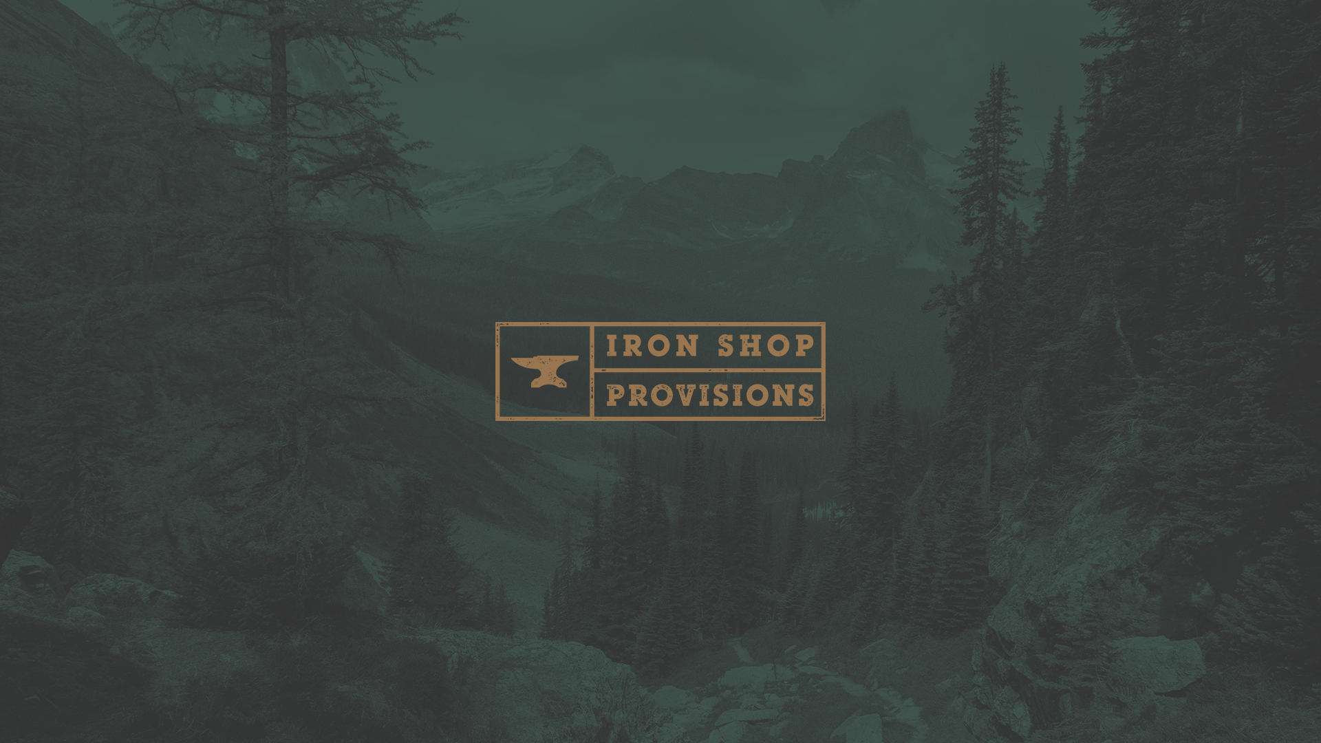 A nature scene featuring a mountain range, pine trees on either side, and a body of water in the foreground. A logo with an anvil icon and the text 'Iron Shop Provisions' is centered at the bottom.