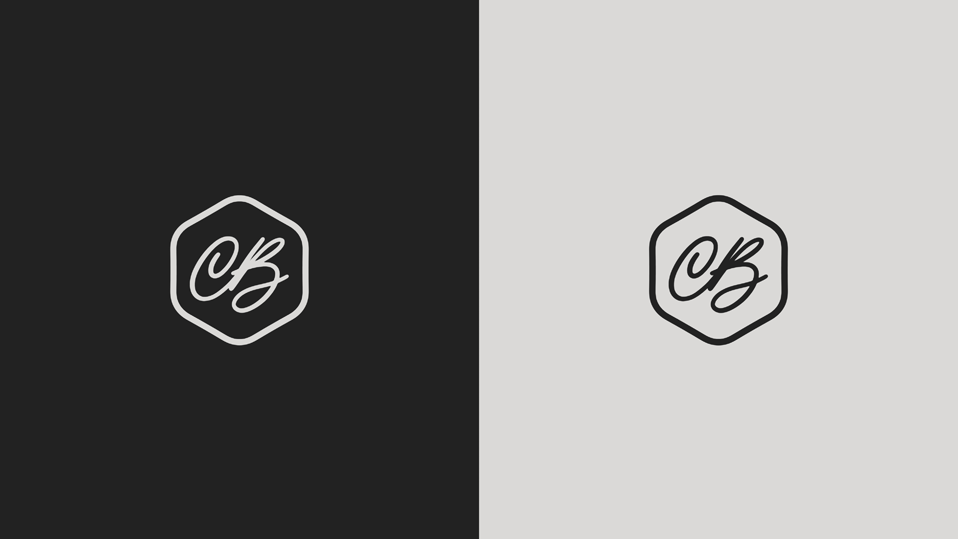 Split digital image with a black background on the left and a light gray background on the right. Both sides display a logo featuring a hexagon outline with black outline and a stylized "CB" in the center, with subtle color variations.