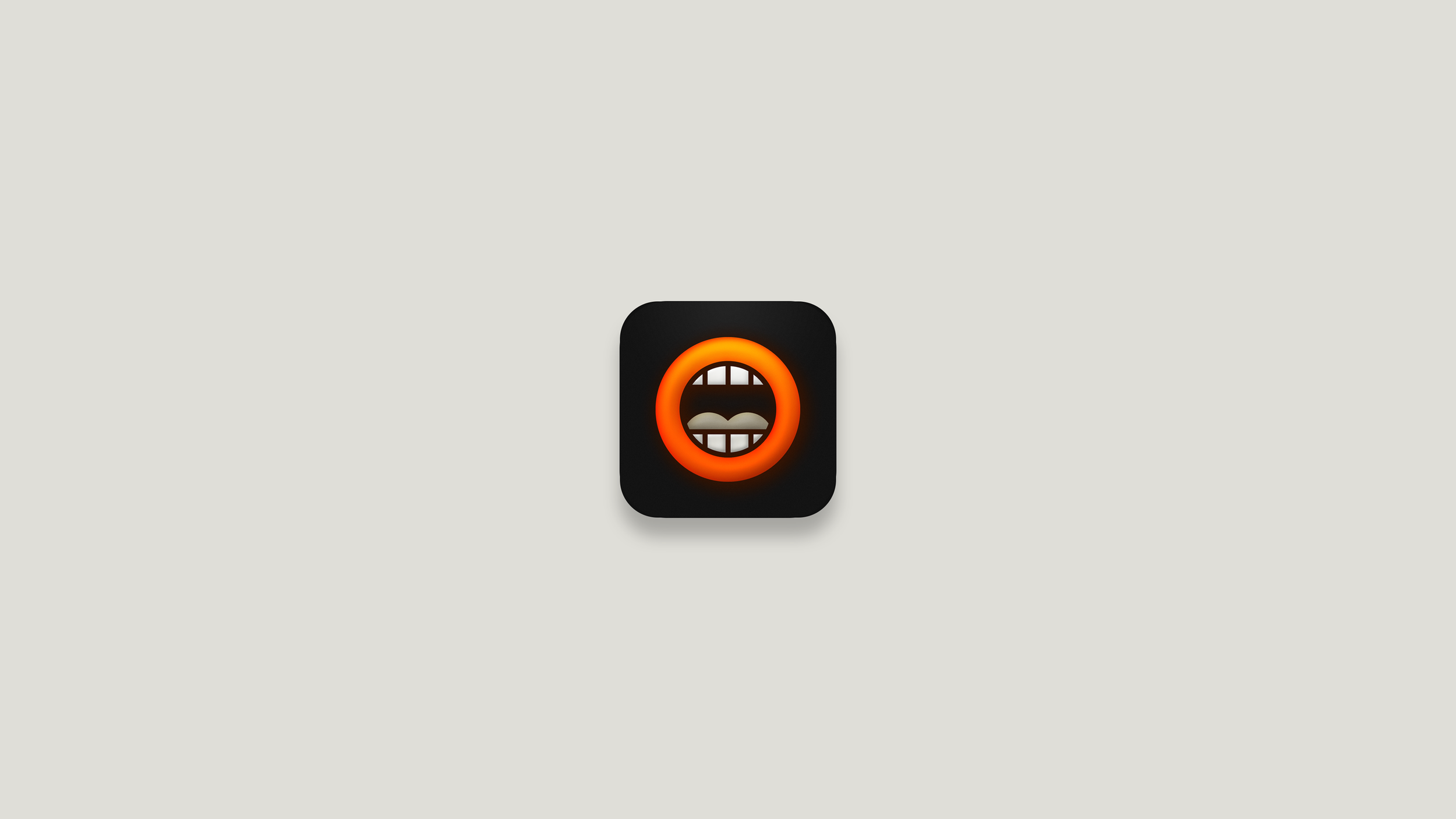 Icon with a neon orange circle around a black square background, featuring a stylized smiling mouth with teeth and tongue visible.
