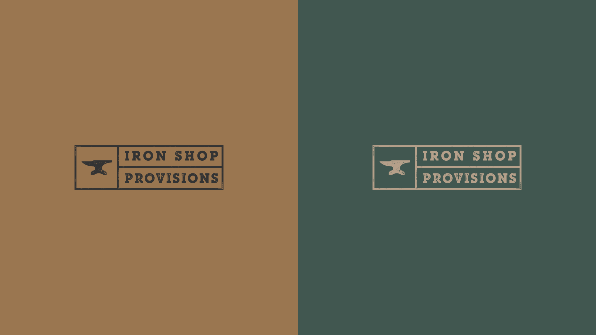 Split image featuring a logo with an anvil and the text 'Iron Shop Provisions' in two styles, set against contrasting brown and green backgrounds.