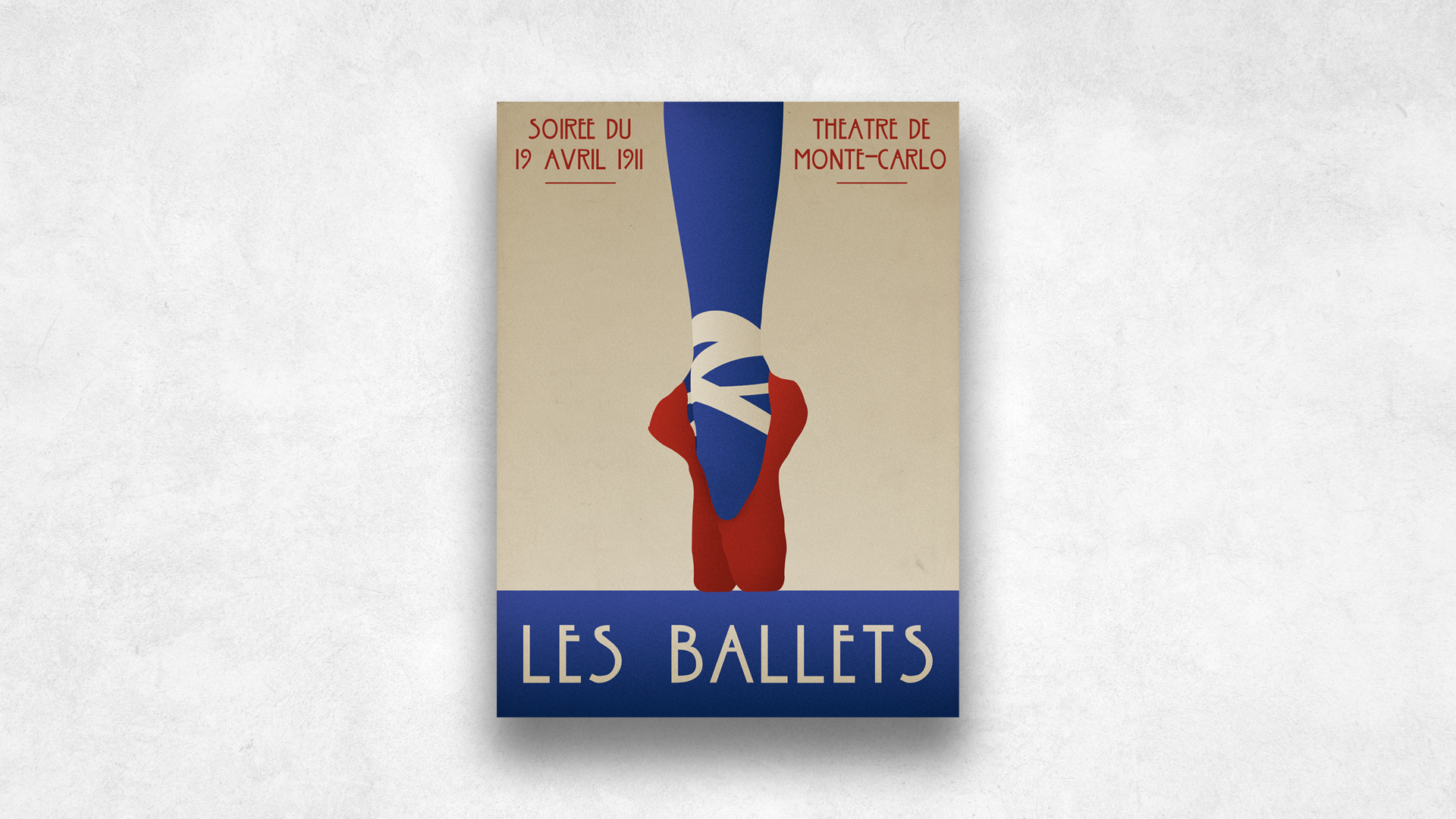 Poster for a ballet performance titled 'Les Ballets,' featuring a red, white, and blue abstract dancer surrounded by French text.