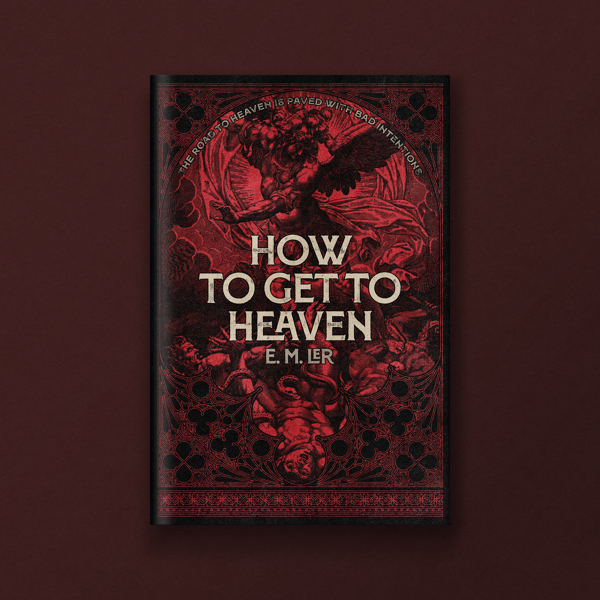 A red and black book cover titled "How to Get to Heaven" with an illustration of a human-like figure with wings, surrounded by decorative patterns and other figures.