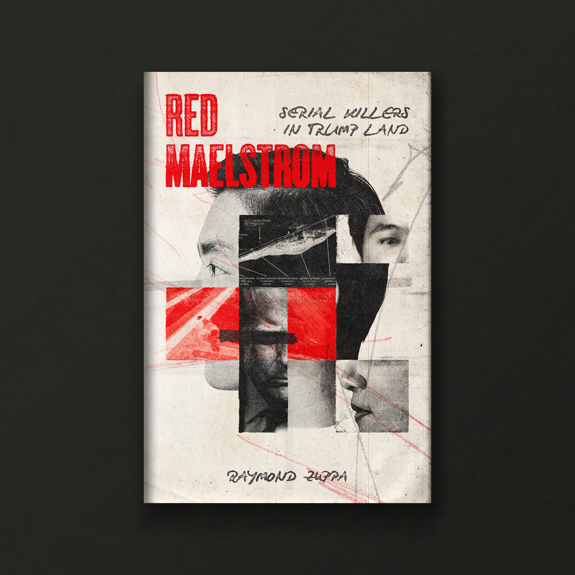 A collage-style poster with the words 'Red Meltrom' in bold red text and handwritten notes about serial killers in Trump land, featuring abstract black and white portraits and red graphic elements.