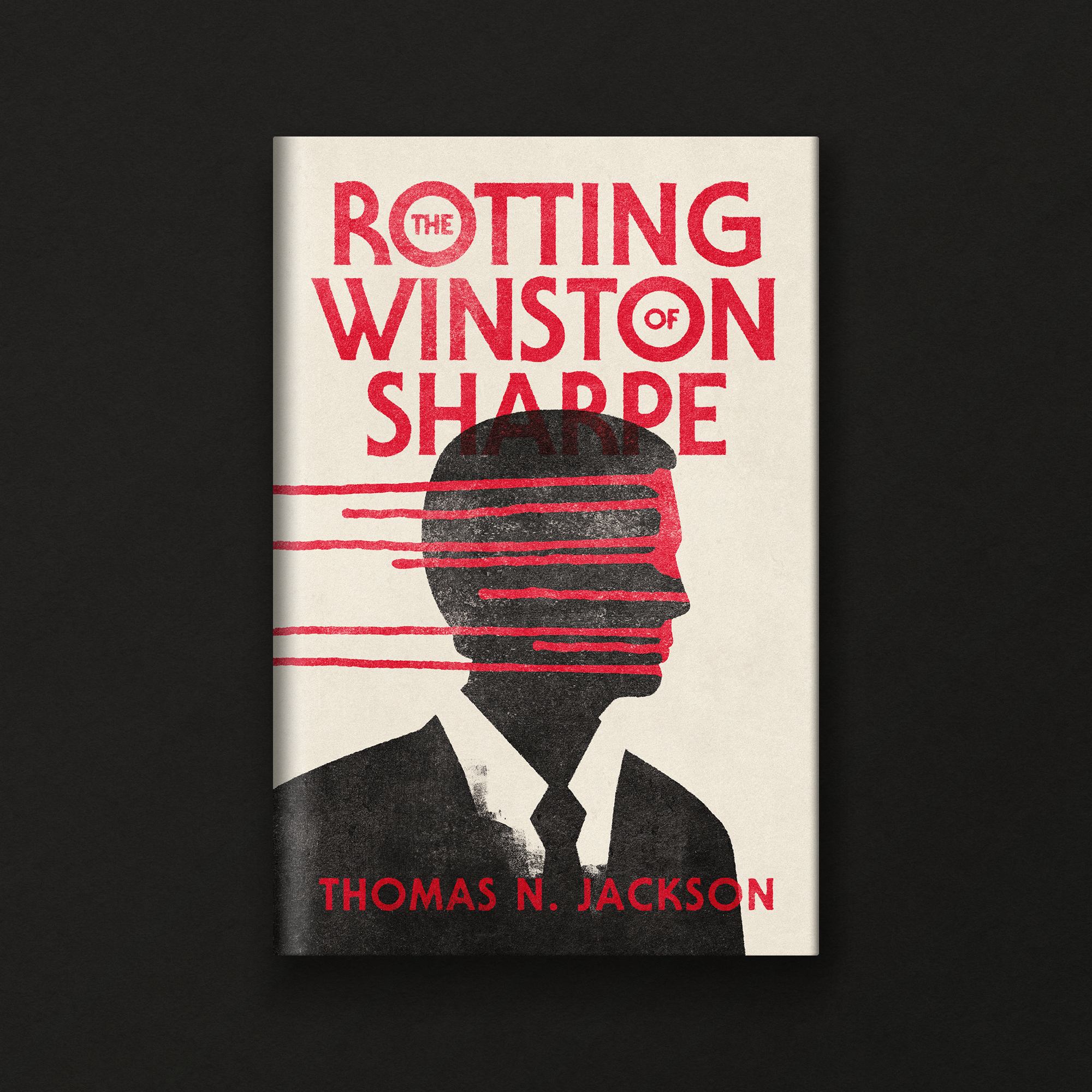 Book cover for Thomas N. Jackson's 'The Roting of Winstone' with a black silhouette of a person's profile and red text.