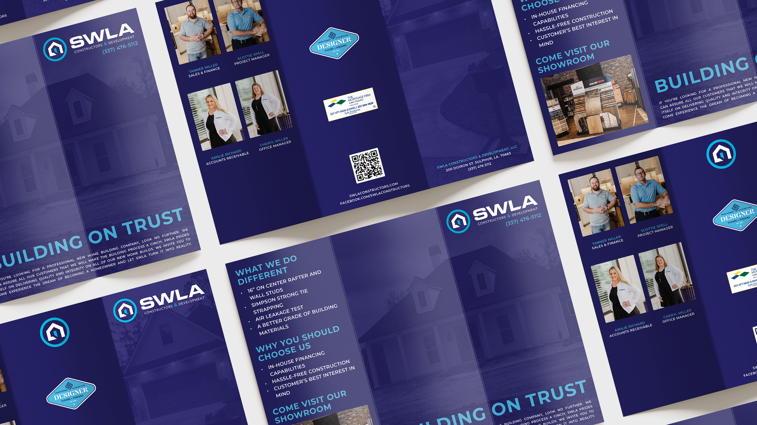 Brochure for SWLA Contractors & Development featuring images of team members, logos, office interiors, and information about services and contact details.