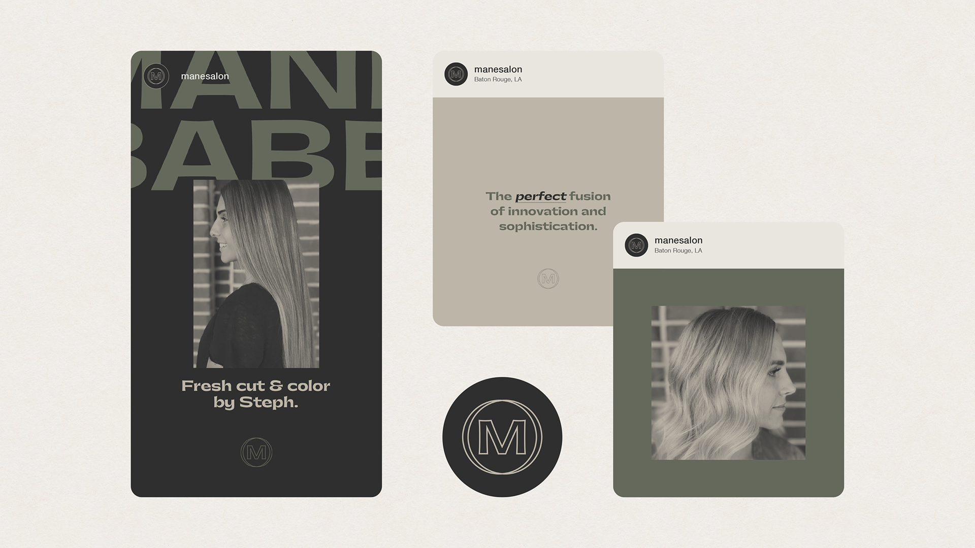 Various marketing cards for Manesalon, a hair salon in Baton Rouge, LA, featuring black and white and muted tone images of women with styled hair, logos, and text about hair services.
