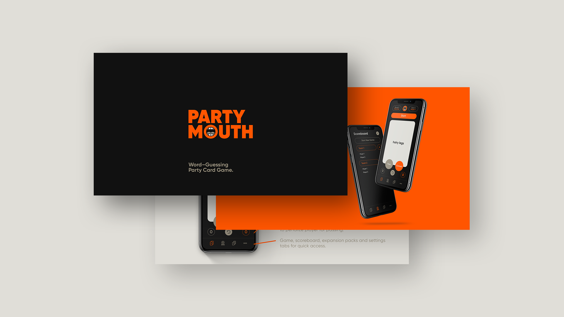 Box for the Party Mouth word-guessing party card game with black and orange colors, showing mobile phone screens with game interfaces.