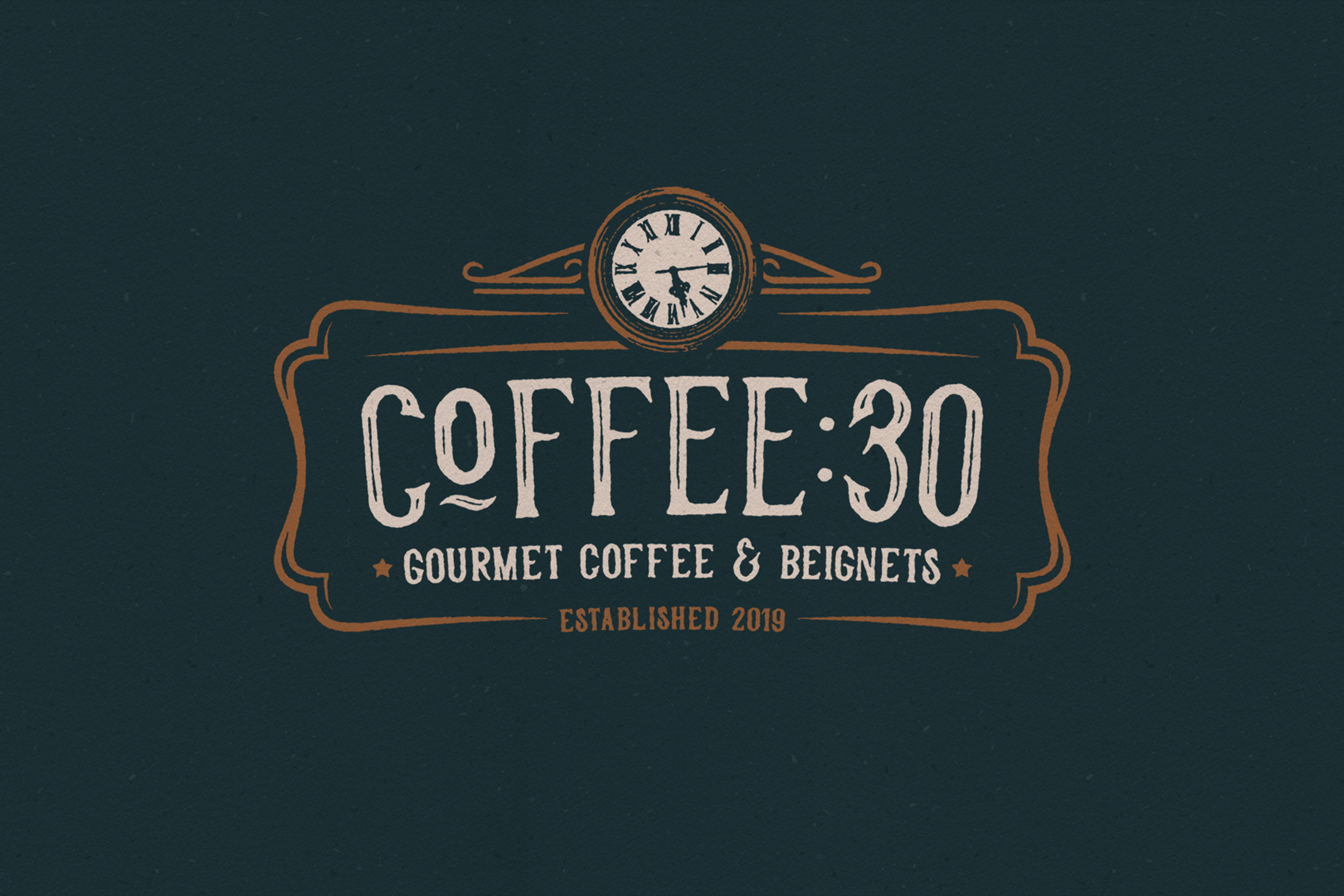 Logo for Coffee 30, a gourmet coffee and beignets shop established in 2019, featuring a vintage clock with Roman numerals.