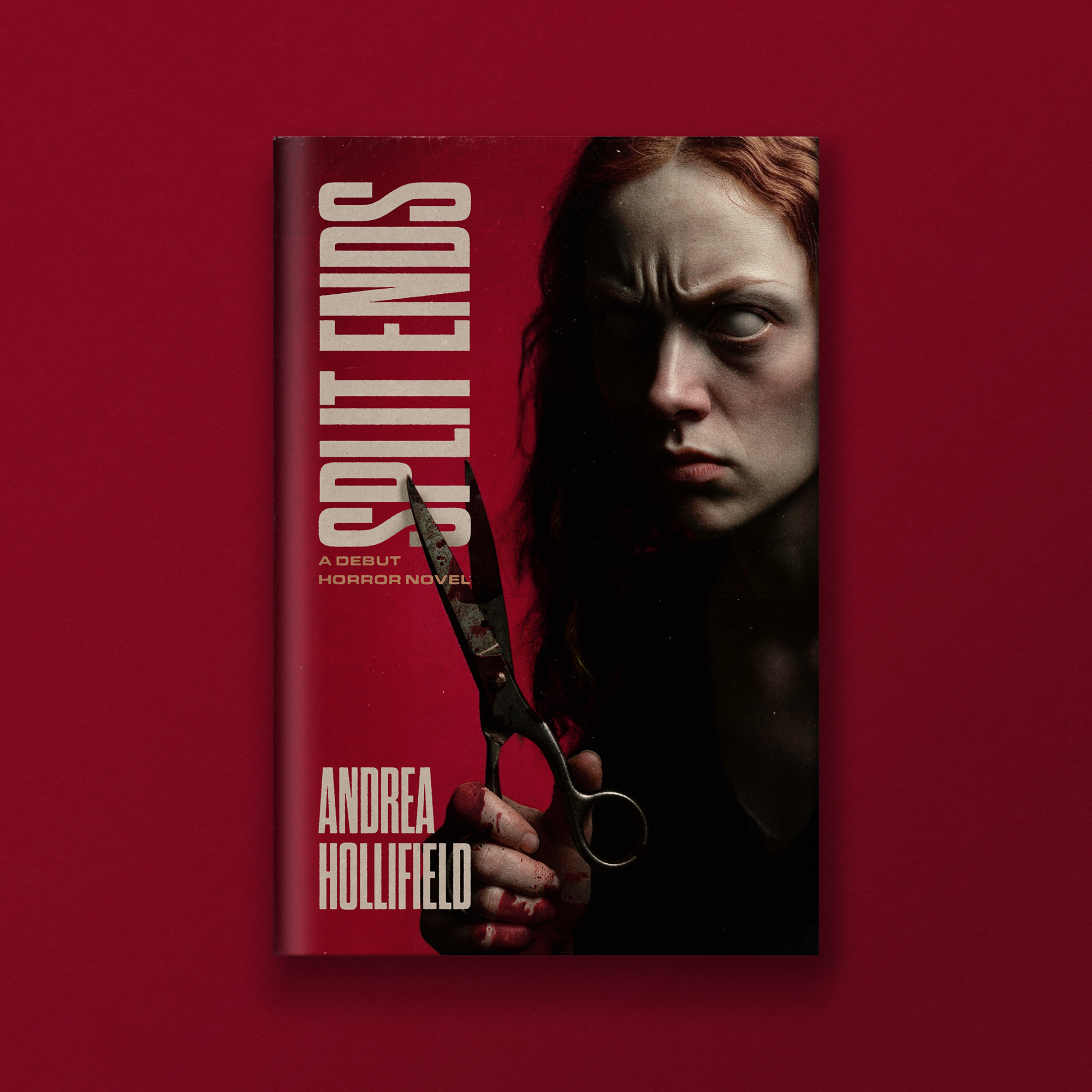 A book cover with a woman holding a blood-stained pair of scissors, the title and author's name are partially visible.