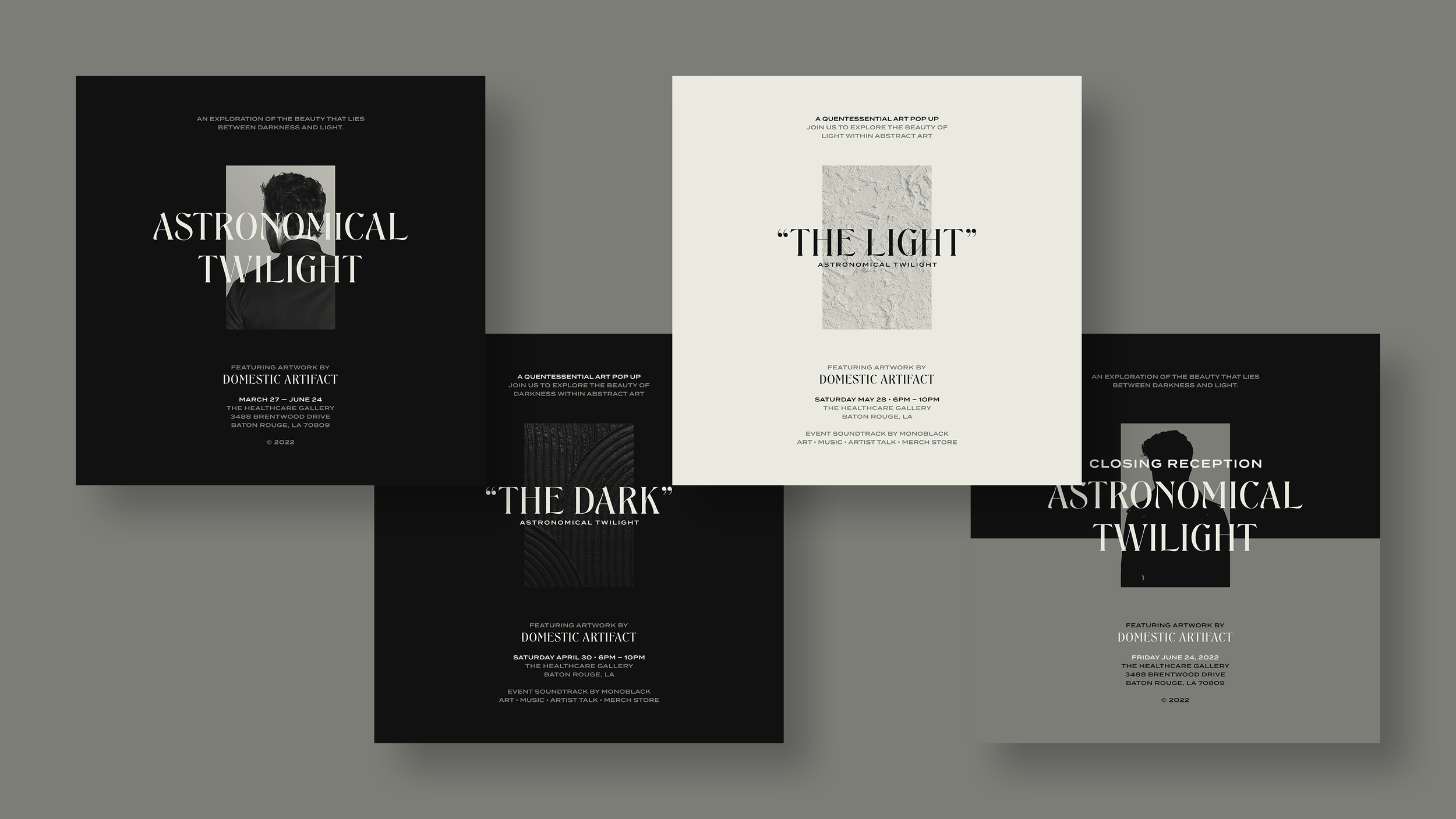 A digital collage of four minimalist posters for an art exhibition titled "Astronomical Twilight," featuring black and white color schemes with textured backgrounds and typographic designs, displaying details about artwork by Domestic Artifact and ev