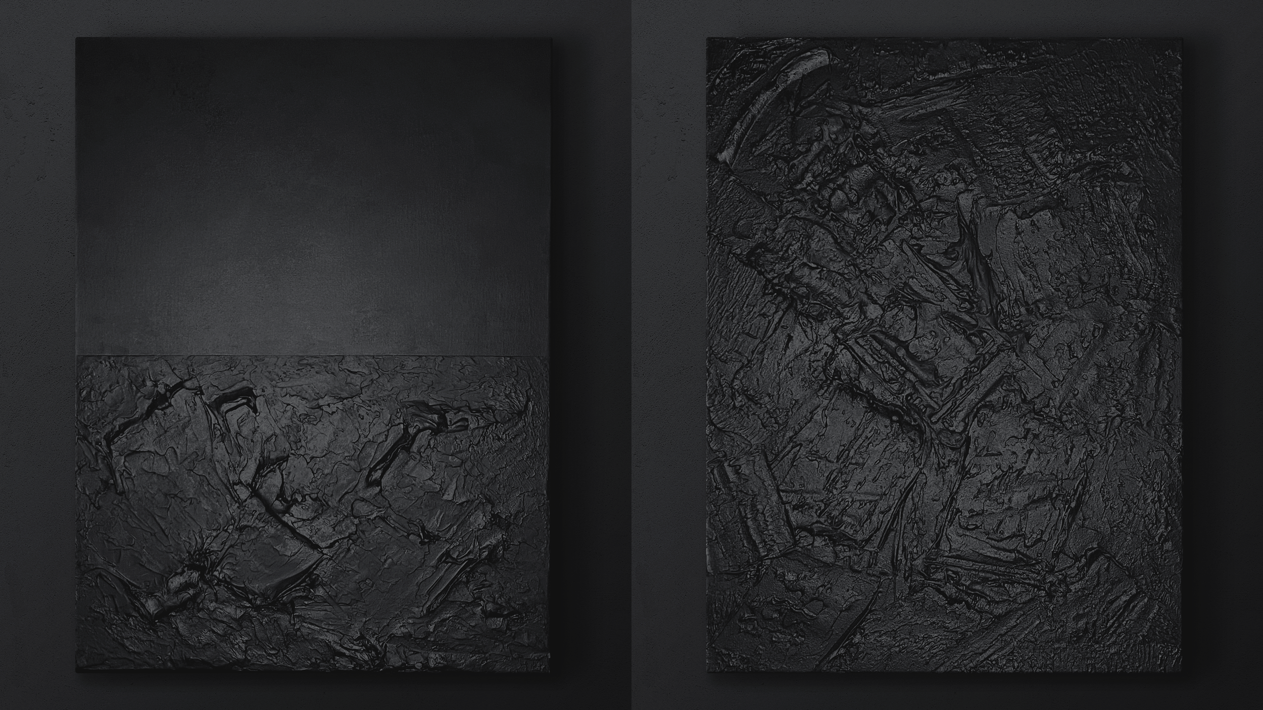 Two black textured rectangular tiles with different surface patterns, placed on a dark surface.