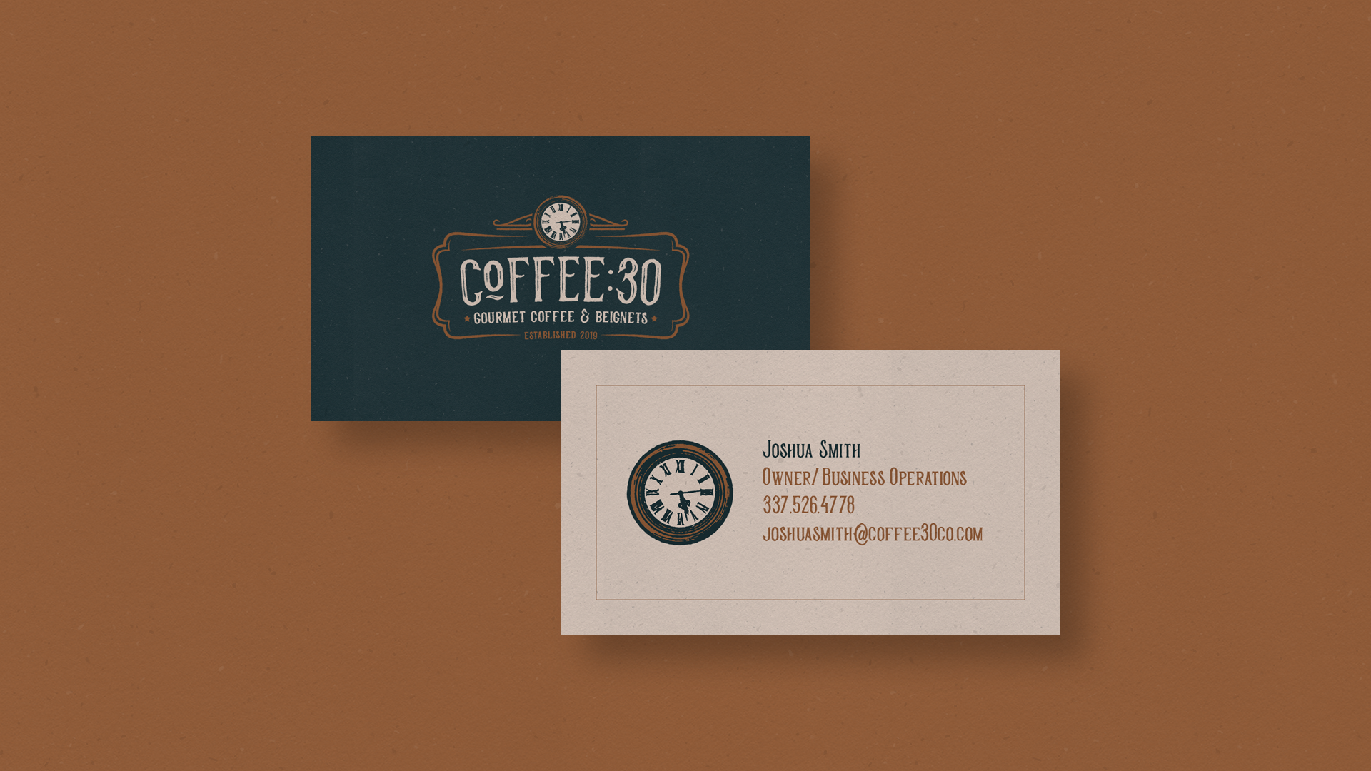 Business cards for Coffee 30, a coffee and beignets shop established in 2019. The cards feature a vintage clock logo and contact information for Joshua Smith.