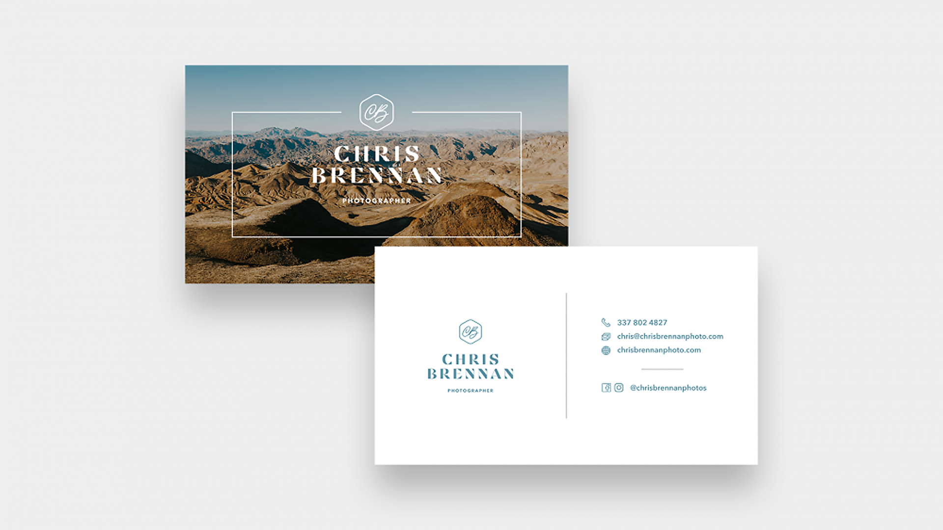 Business cards for photographer Chris Brennan, featuring a desert mountain landscape, with contact information including phone, email, website, and social media icons.