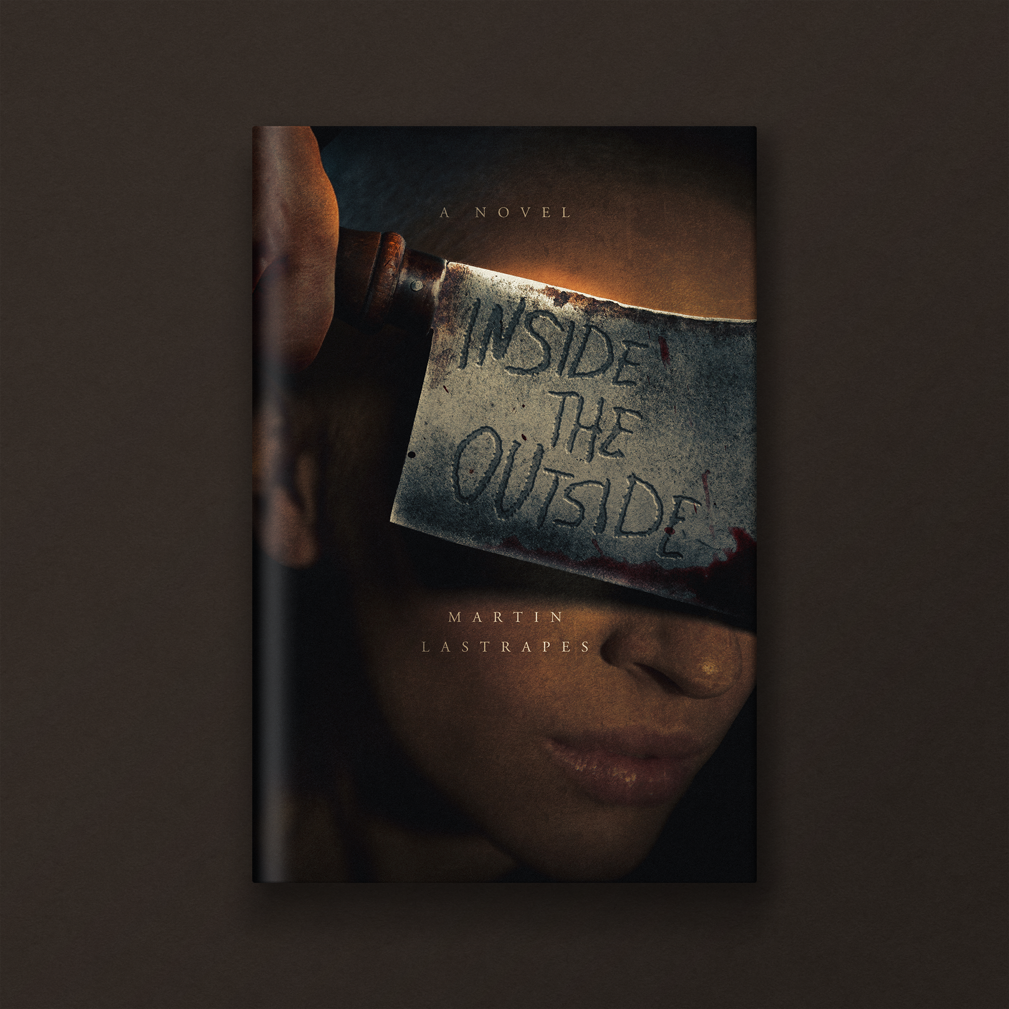 A book cover featuring the title 'Inside the Outcast' by Martin Lastrapes, with a dark background showing a close-up of a hand holding a bloodstained butcher knife.
