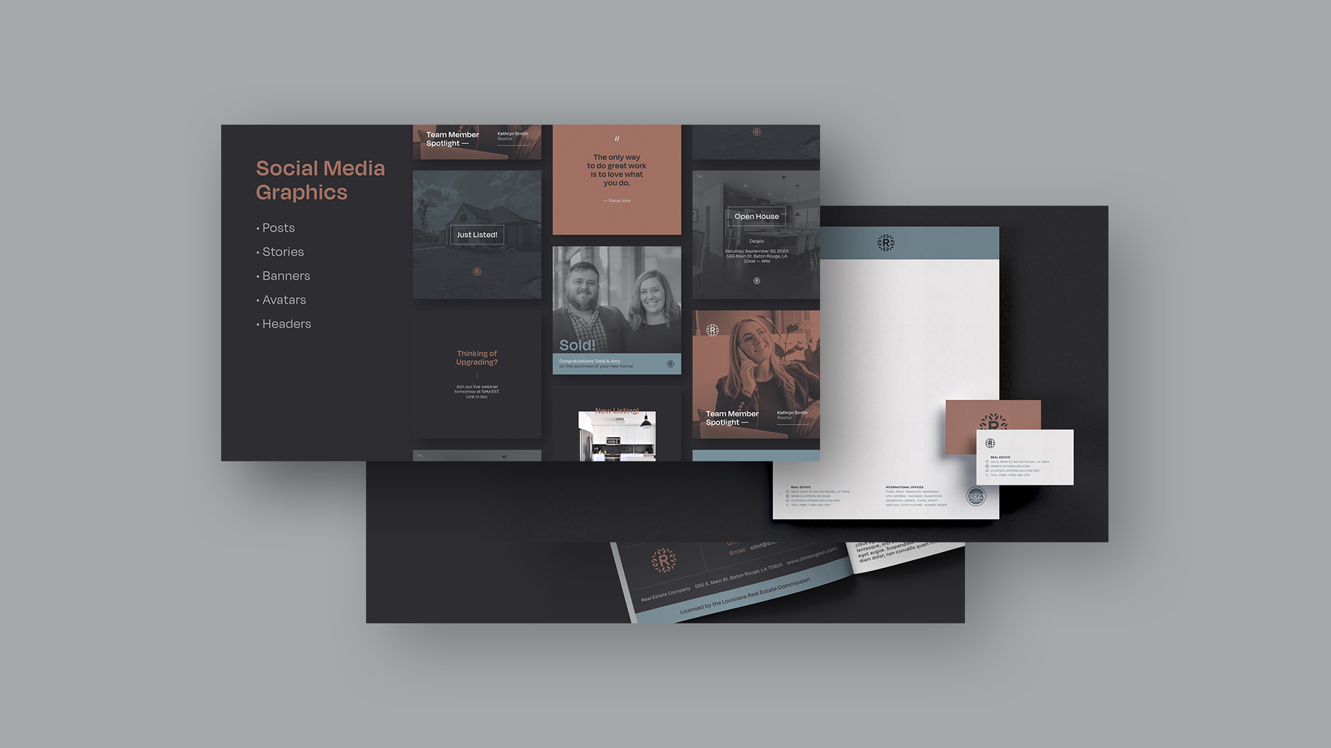 Collection of social media graphics and printed marketing materials for real estate, including posts, stories, banners, and business cards on a black and gray background.