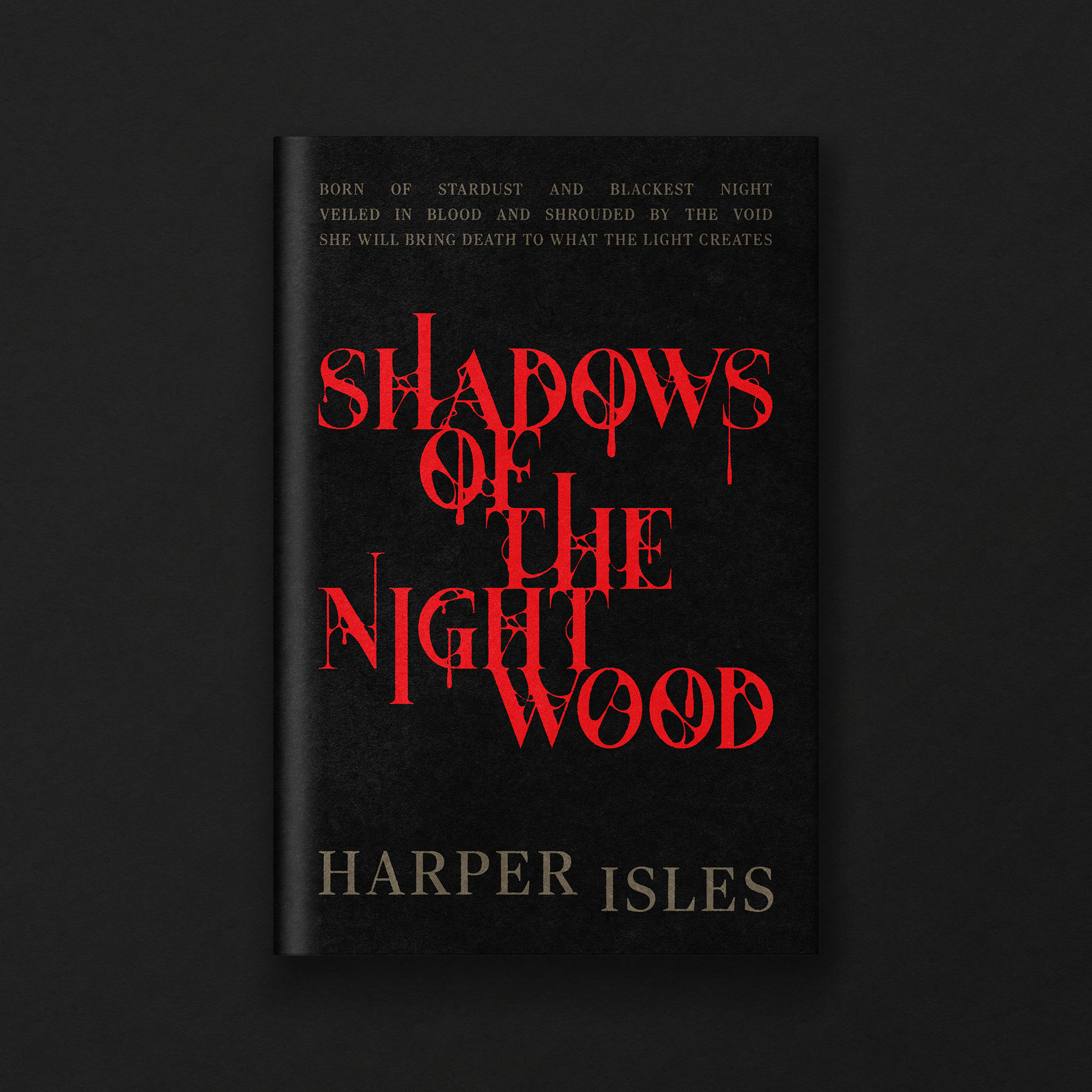 The cover of a book titled "Shadows of the Night" by Harper Isles, with a dark background and a quote about a mysterious woman born of stardust and blackest night, veiled in blood and shrouded by the void.