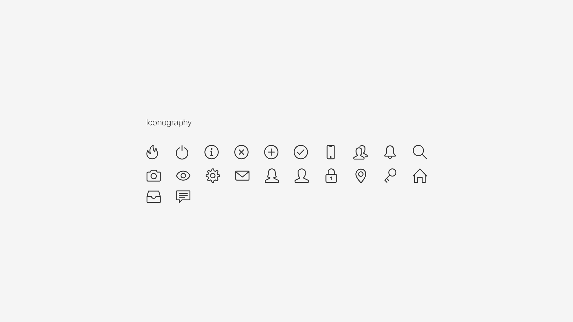 Screen displaying various black icon symbols on a light gray background, labeled "Iconography," including icons for fire, power, info, close, add, checkmark, phone, user, bell, search, camera, eye, gear, envelope, people, lock, location, magnifying g