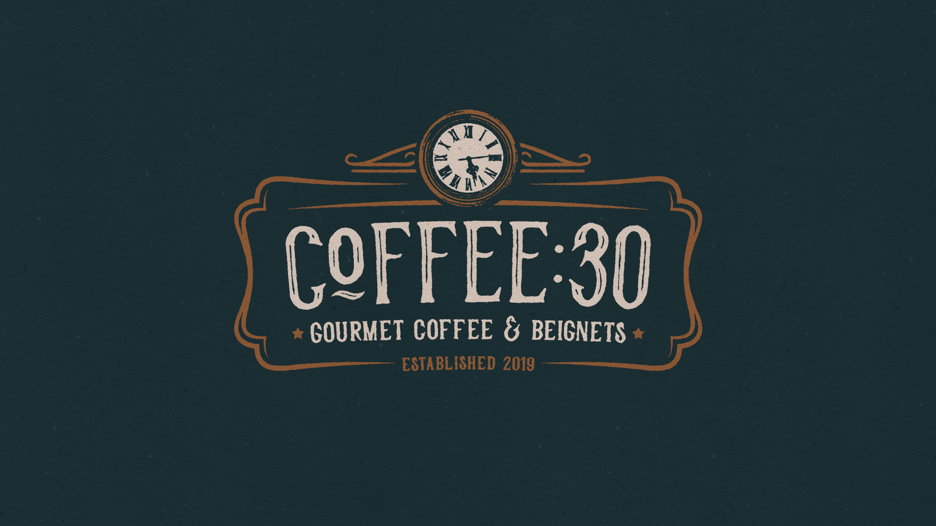 Logo for Coffee 30, a gourmet coffee and beignets shop established in 2019, featuring a vintage clock at the top.