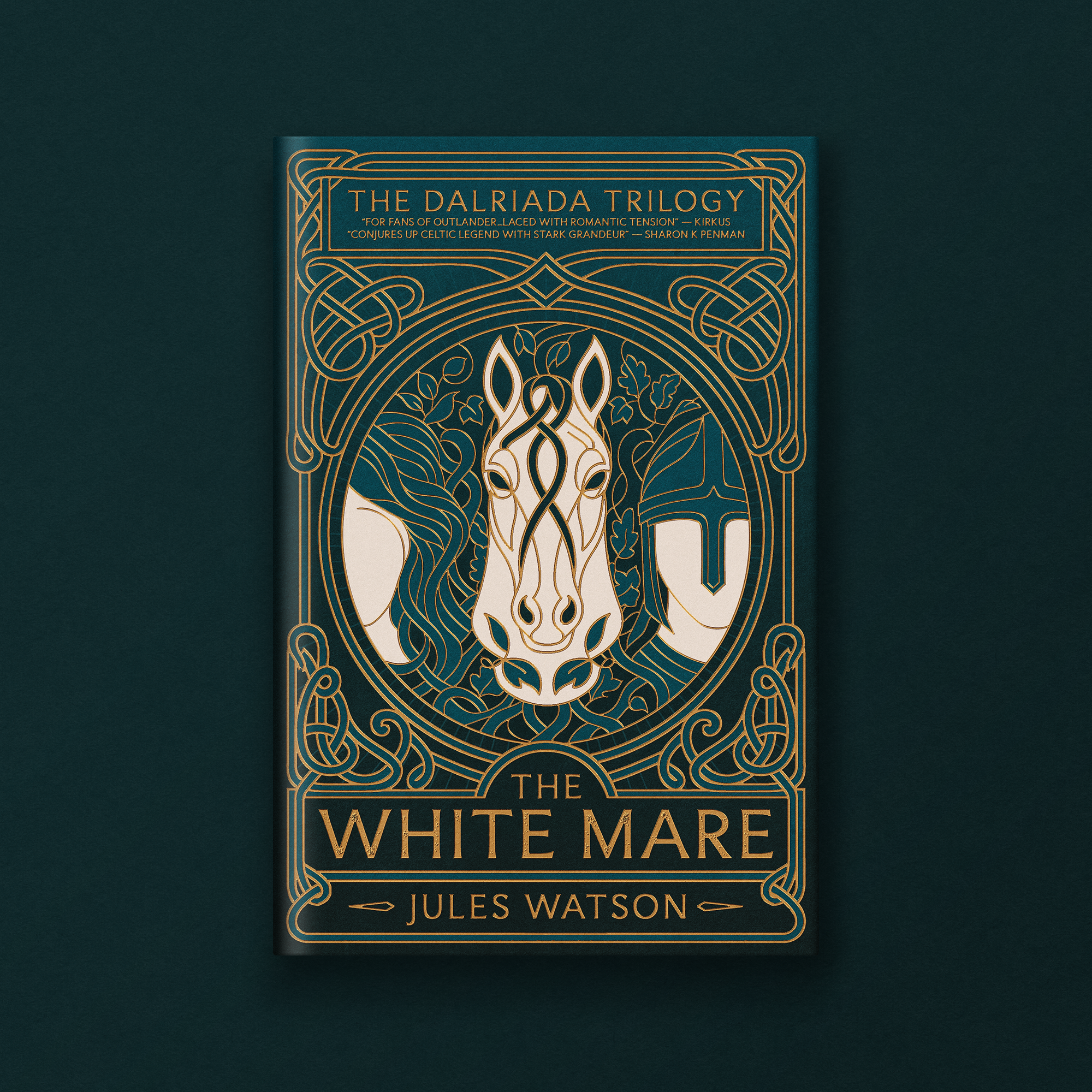 Book cover titled 'The Dalriada Trilogy' with ornate gold Celtic design and text, featuring the titles 'The White Mare' and the author's name 'Jules Watson'.