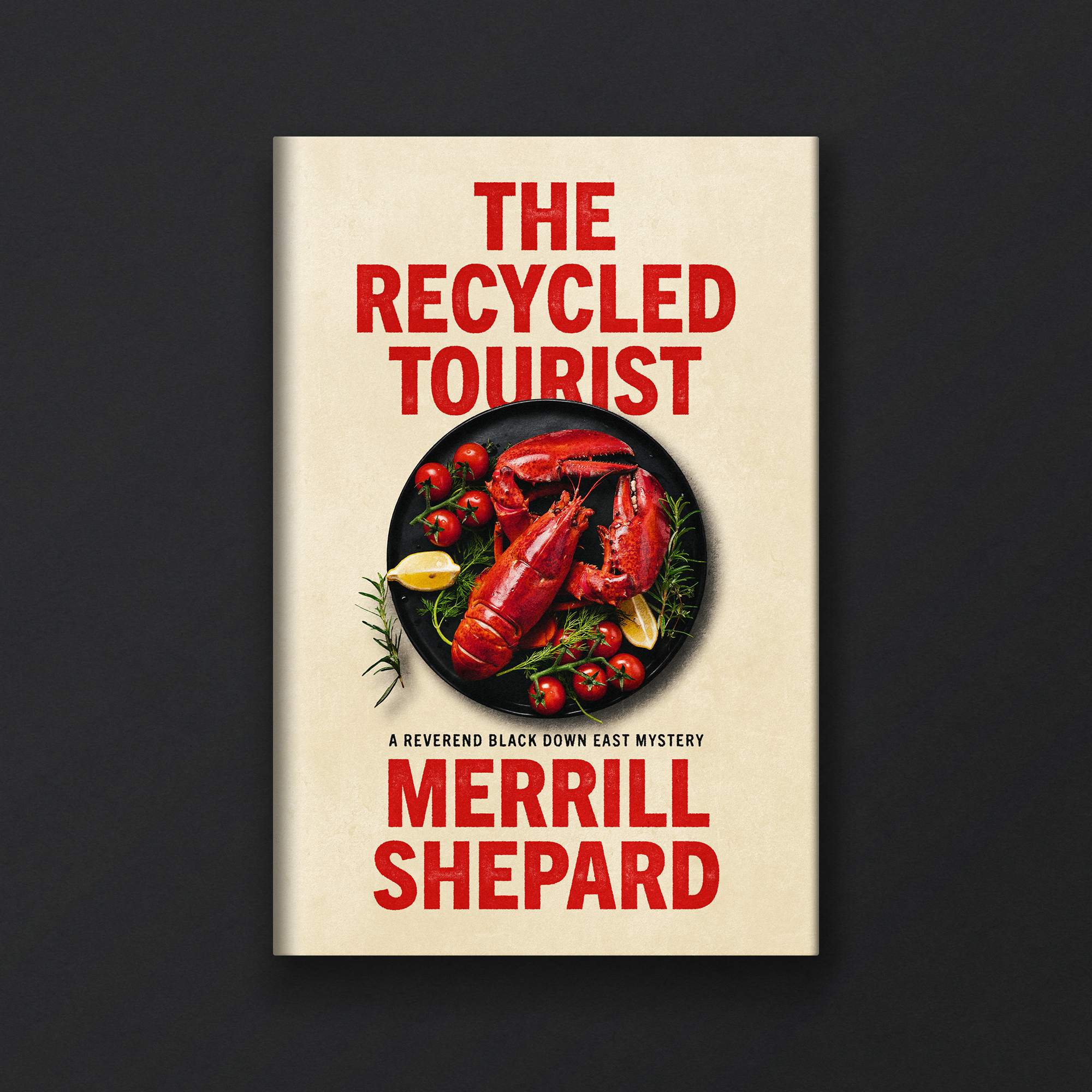 Book cover titled "The Recycled Tourist" by Merril Sheppard, featuring a plate of cooked seafood, cherry tomatoes, lemon wedge, and herbs on a dark background.