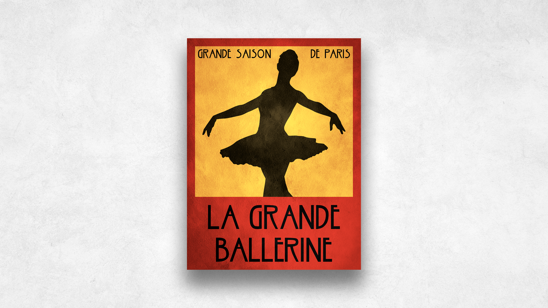 Poster for a ballet performance titled "La Grande Ballerine" featuring a silhouette of a ballerina in a tutu with arms outstretched against a yellow and red background.
