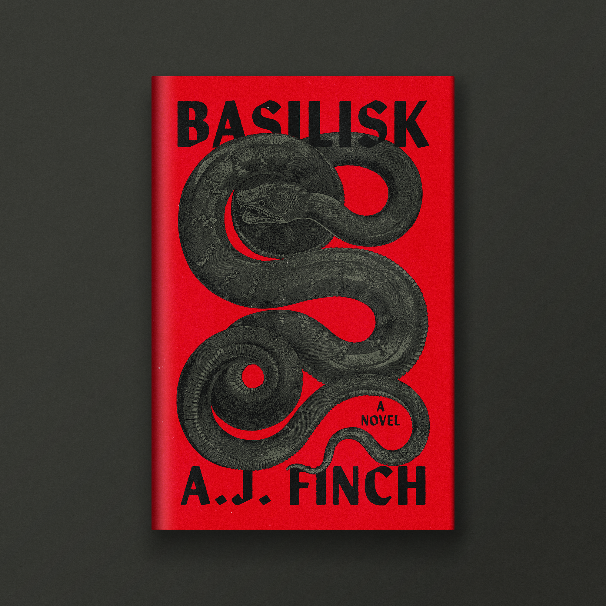 A red book cover with black text that reads 'Basilisk' and 'A Fench', featuring an illustration of a coiled snake.