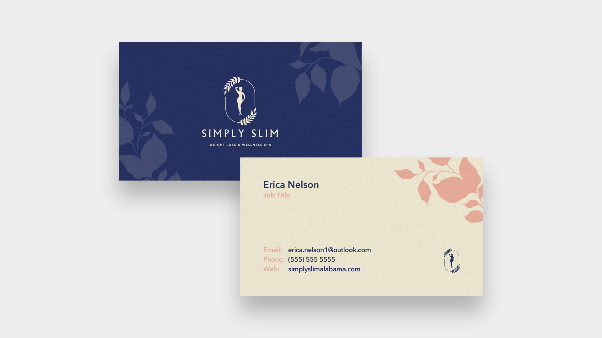 Business card design with a light background and floral accents; one card has a navy blue background with white text and a logo of a woman surrounded by leaves, labeled "Simply Slim Weight Loss & Wellness Spa"; the other card has beige background wit