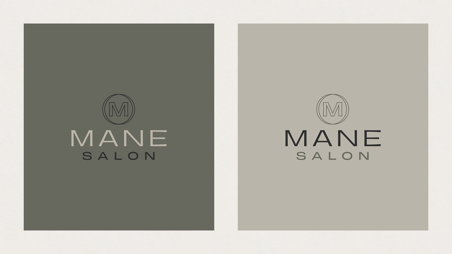 Two salon logos side by side, one on darker gray background and one on lighter gray background, each with a circle containing an 'M' and the text 'MANE SALON' beneath.