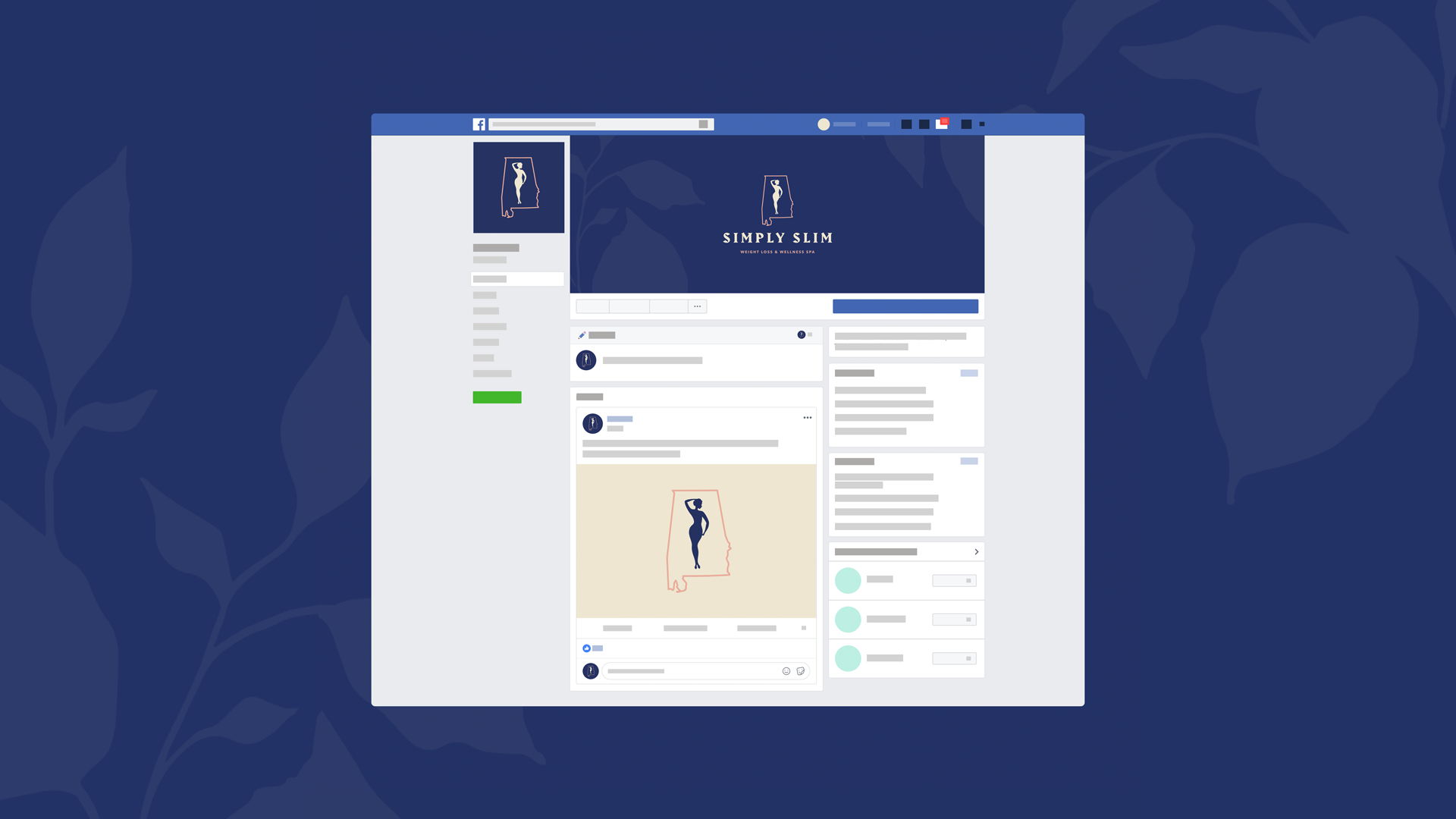 Facebook page for Simply Slim, a weight loss and wellness spa, with a logo of a woman silhouette inside the outline of Georgia state.
