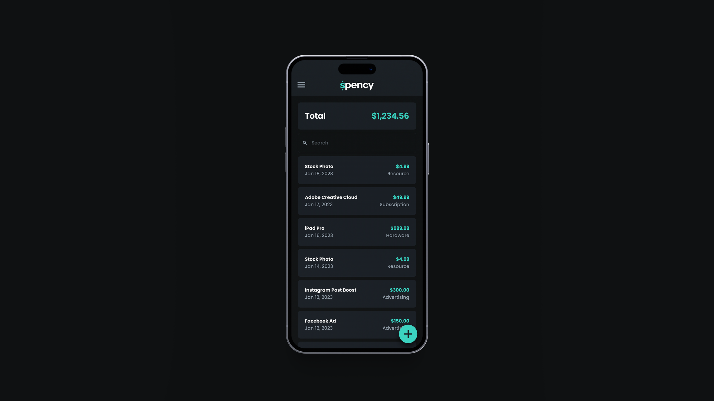 A smartphone displaying a financial tracking app with a dark theme, showing a total balance of $1,234.56 and a list of recent transactions including purchases and subscriptions.