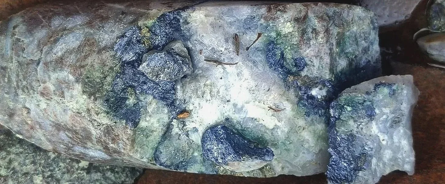 Una roca grande con manchas negras y verdes, y una superficie irregular y húmeda.