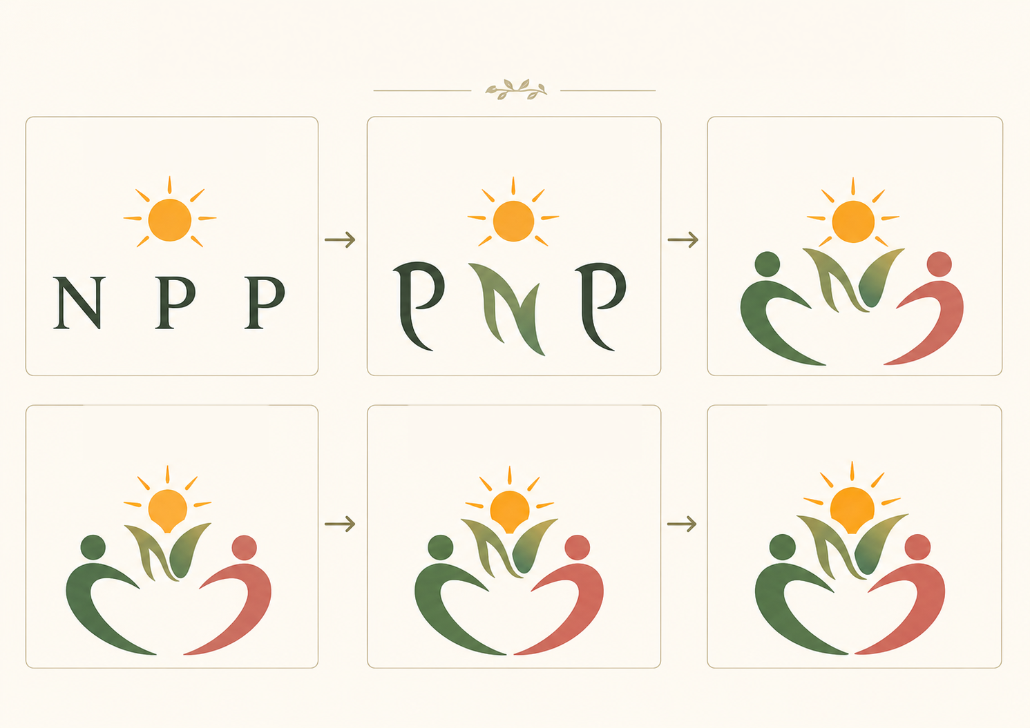 Flowchart illustrating the transformation from simple sun and letters "N", "P", and "P" to a stylized plant with two people, emphasizing growth and collaboration in Nurturing Presence Psychology.