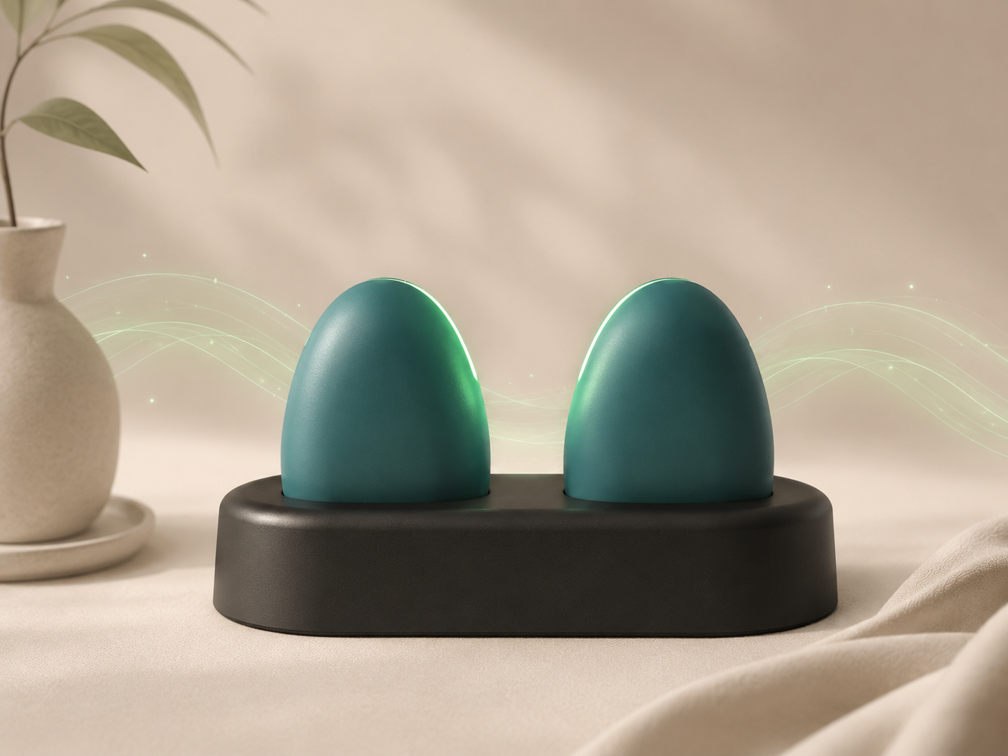 A sleek, stylish pair of EMDR buzzers, emitting soft green light for healing, in a warm, safe environment; a potted plant with green leaves is partially visible on the left, representing a psychologist's professional therapy.