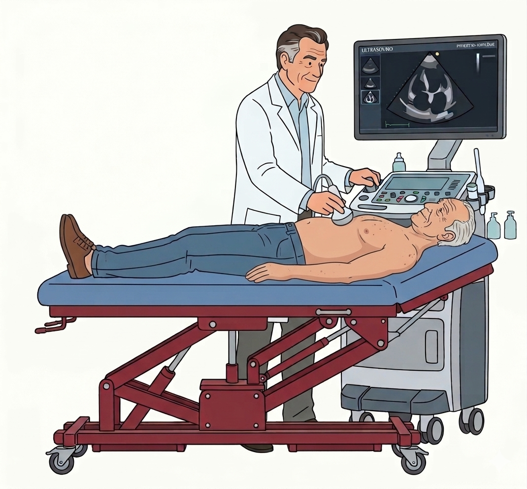 Illustration of a healthcare professional performing an ultrasound on an elderly man lying on a hospital bed, with ultrasound equipment and a monitor displaying an image.
