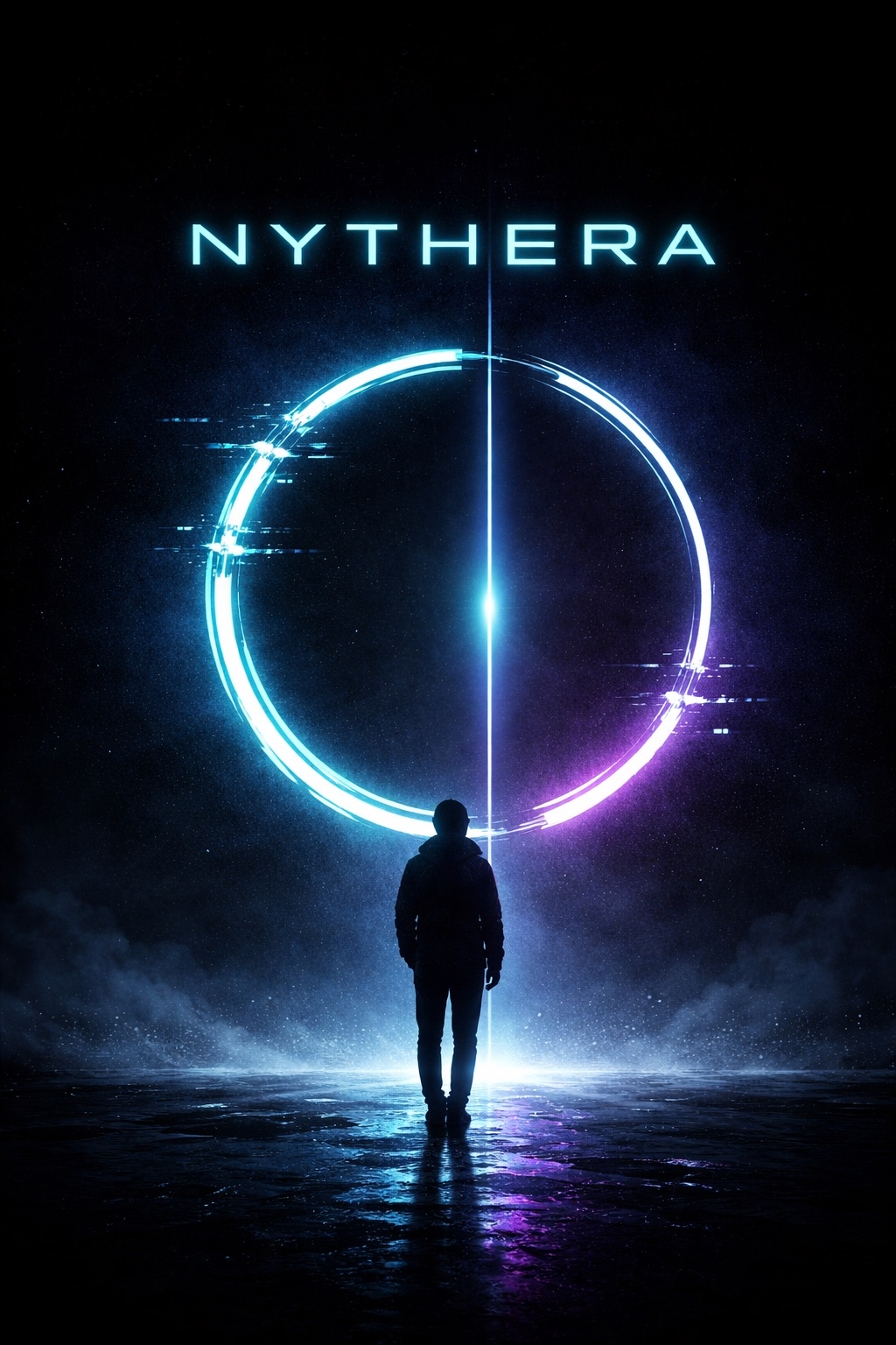 A person standing in front of a futuristic, glowing digital ring in space, with the title 'Nythera' above.