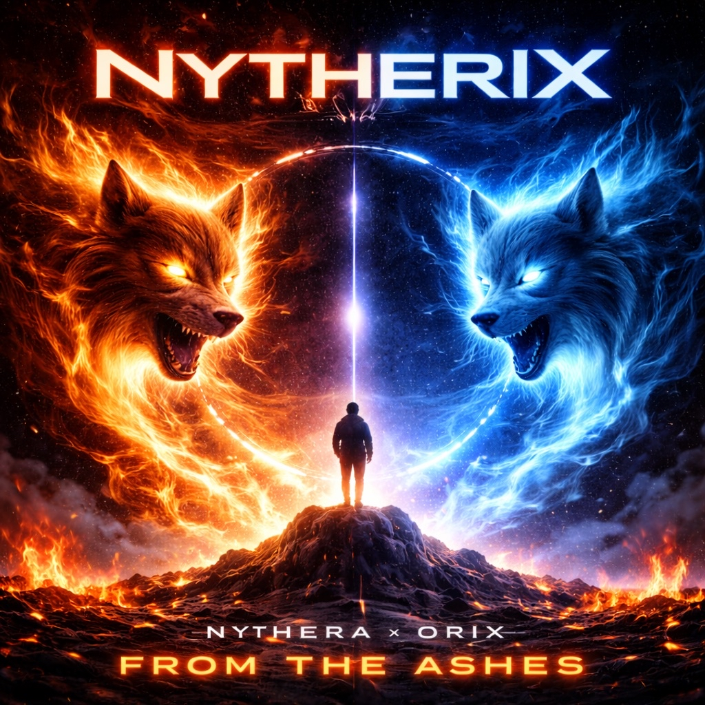 A fantasy digital artwork featuring a person standing on a rocky peak with a fiery orange wolf on the left and a icy blue wolf on the right, both with glowing eyes and open mouths. The background has a cosmic scene with starry sky and energy orbs, and the title 'Nytherix' at the top with the subtitle 'From the Ashes' at the bottom.