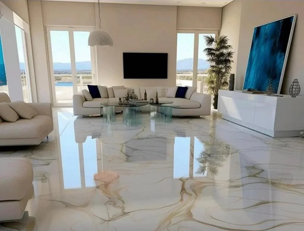 Bright living room with marble flooring, white furniture, a large flat-screen TV, glass coffee tables, and large windows with a view of water and mountains outside.