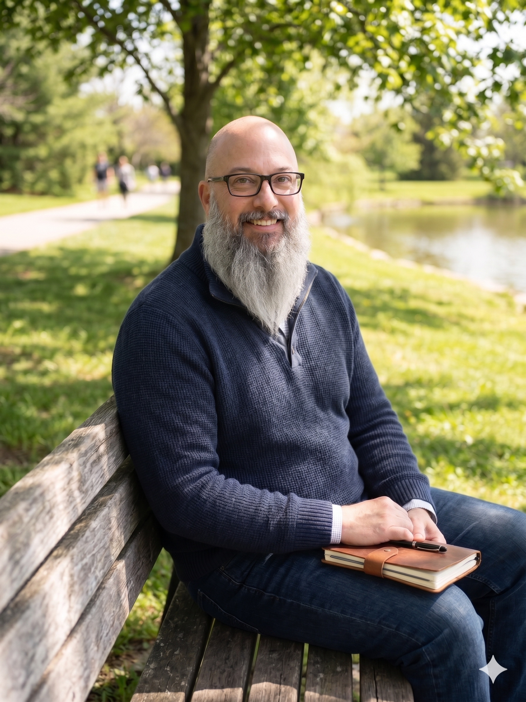 Todd Davis on a park bench journaling along a Knoxville trail — walk-and-talk therapy and life coaching outdoors.