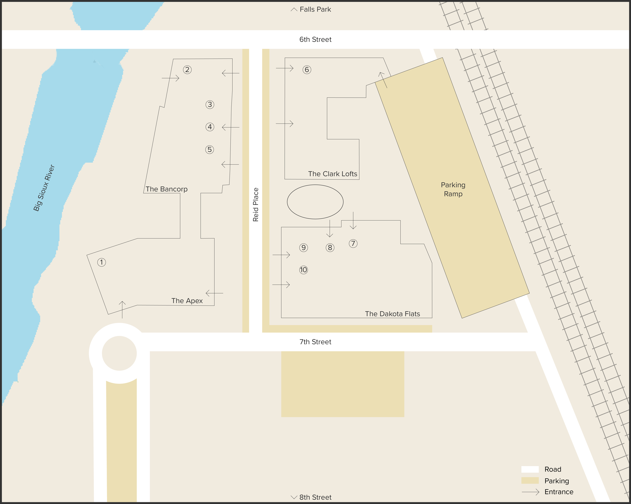 Map of an area near Big Sioux River showing streets, parking areas, building labels, and nearby railway tracks.