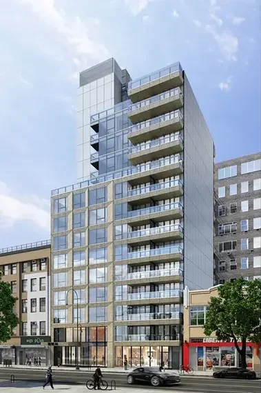Modern high-rise office and apartment building with glass windows and balconies, situated in an urban area with street-level shops and trees.