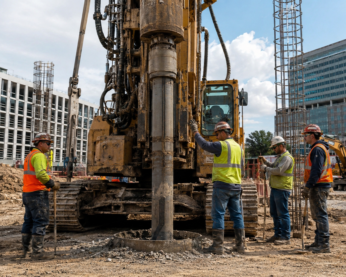 Construction workers operating heavy machinery at a construction site with high-rise buildings in the background.