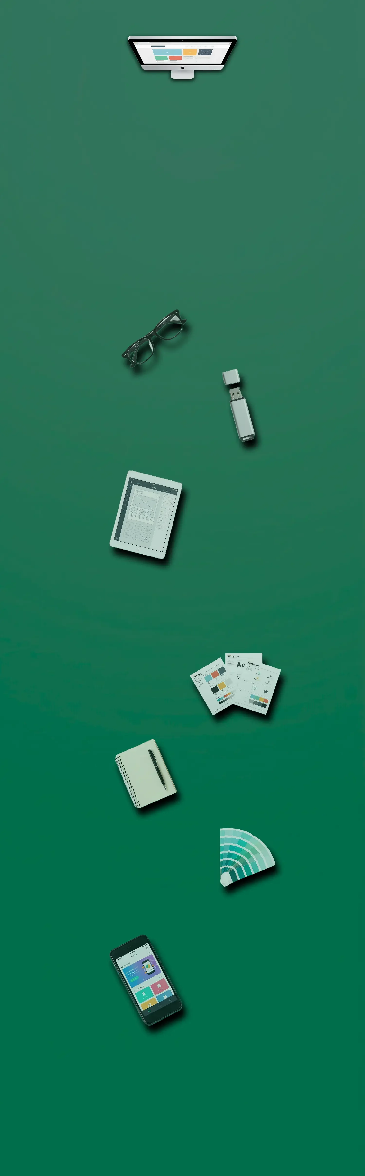 Array of digital devices and office supplies on a green background, including a computer monitor, glasses, a USB flash drive, a tablet, printed documents, a notepad with pen, color swatches, a smartphone, and a color fan.