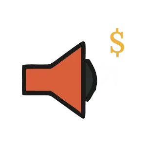 a graph with a red megaphone next to a white arrow and yellow dollar sign symbolizing growth